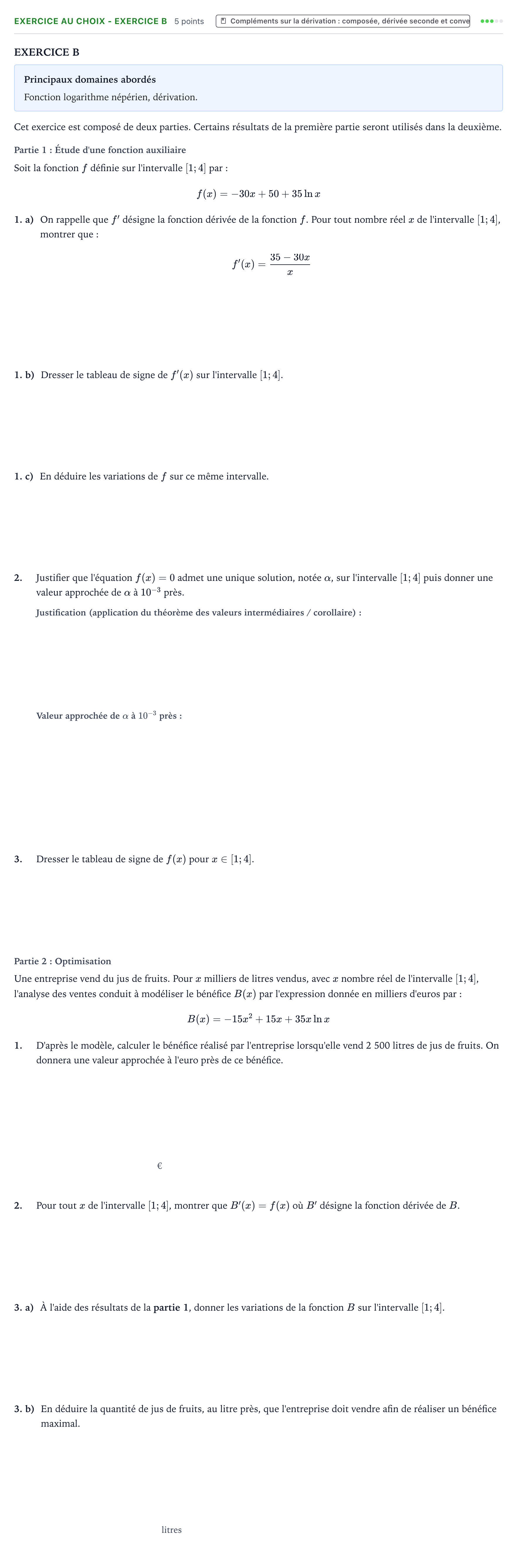 Énoncé: Exercice au choix - Exercice B · Bac Mathématiques Polynésie 2021 (jour 1)