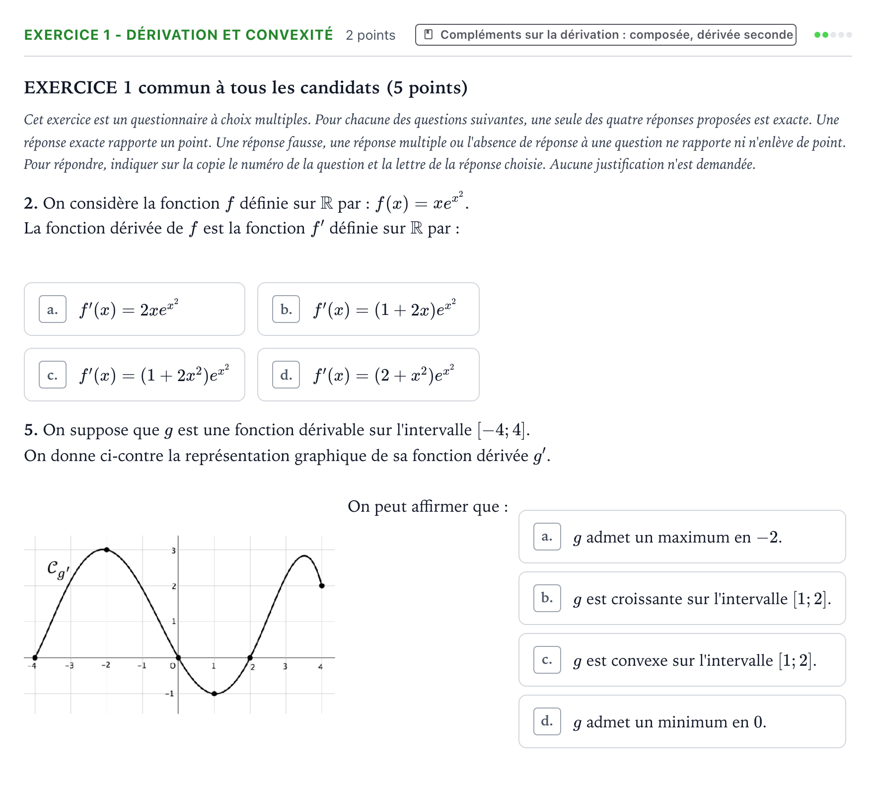 Énoncé: Exercice 1 - Dérivation et convexité · Bac Mathématiques Sujets zéro et spécimens sujet 2021 (sujet 1)