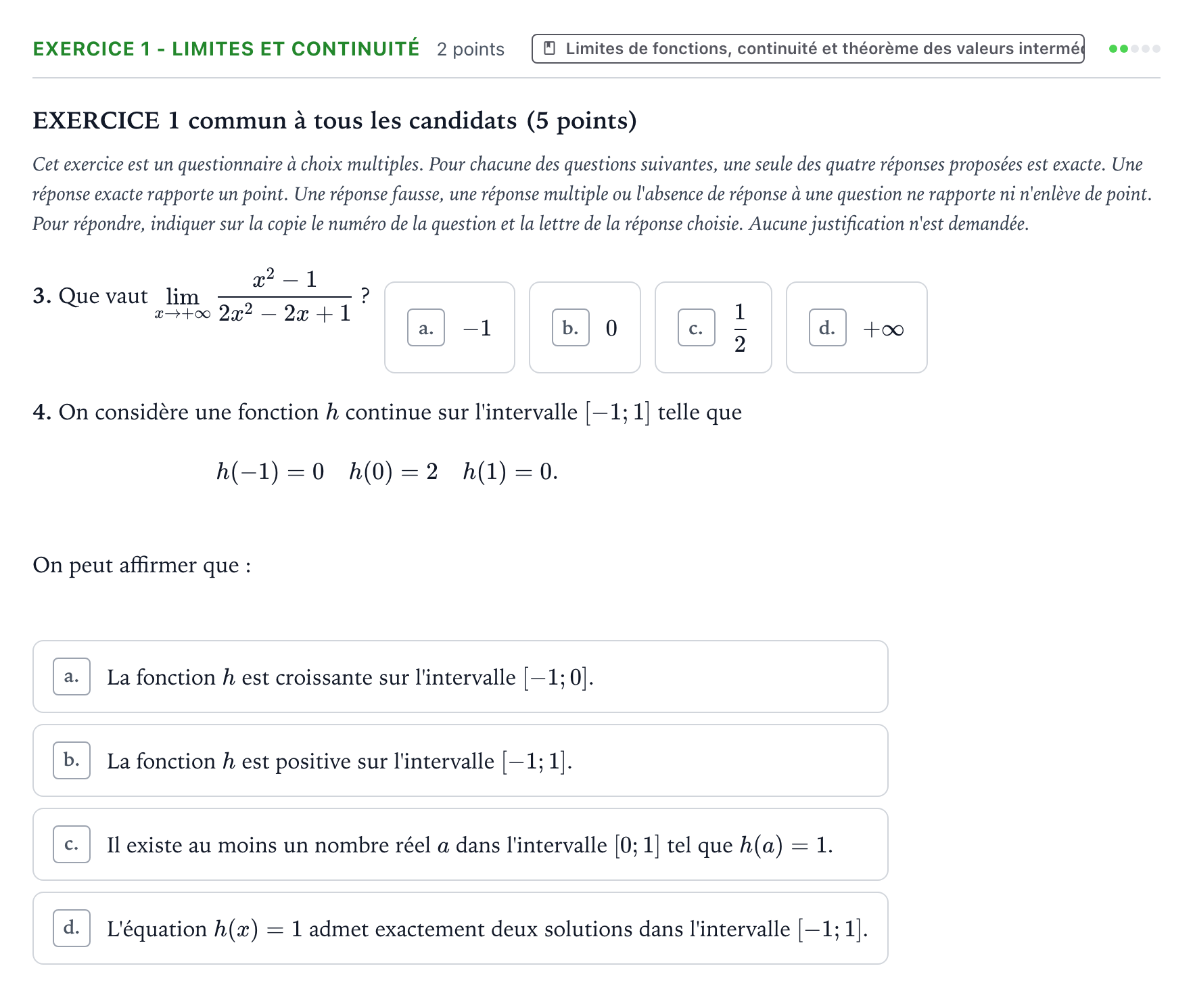 Énoncé: Exercice 1 - Limites et continuité · Bac Mathématiques Sujets zéro et spécimens sujet 2021 (sujet 1)