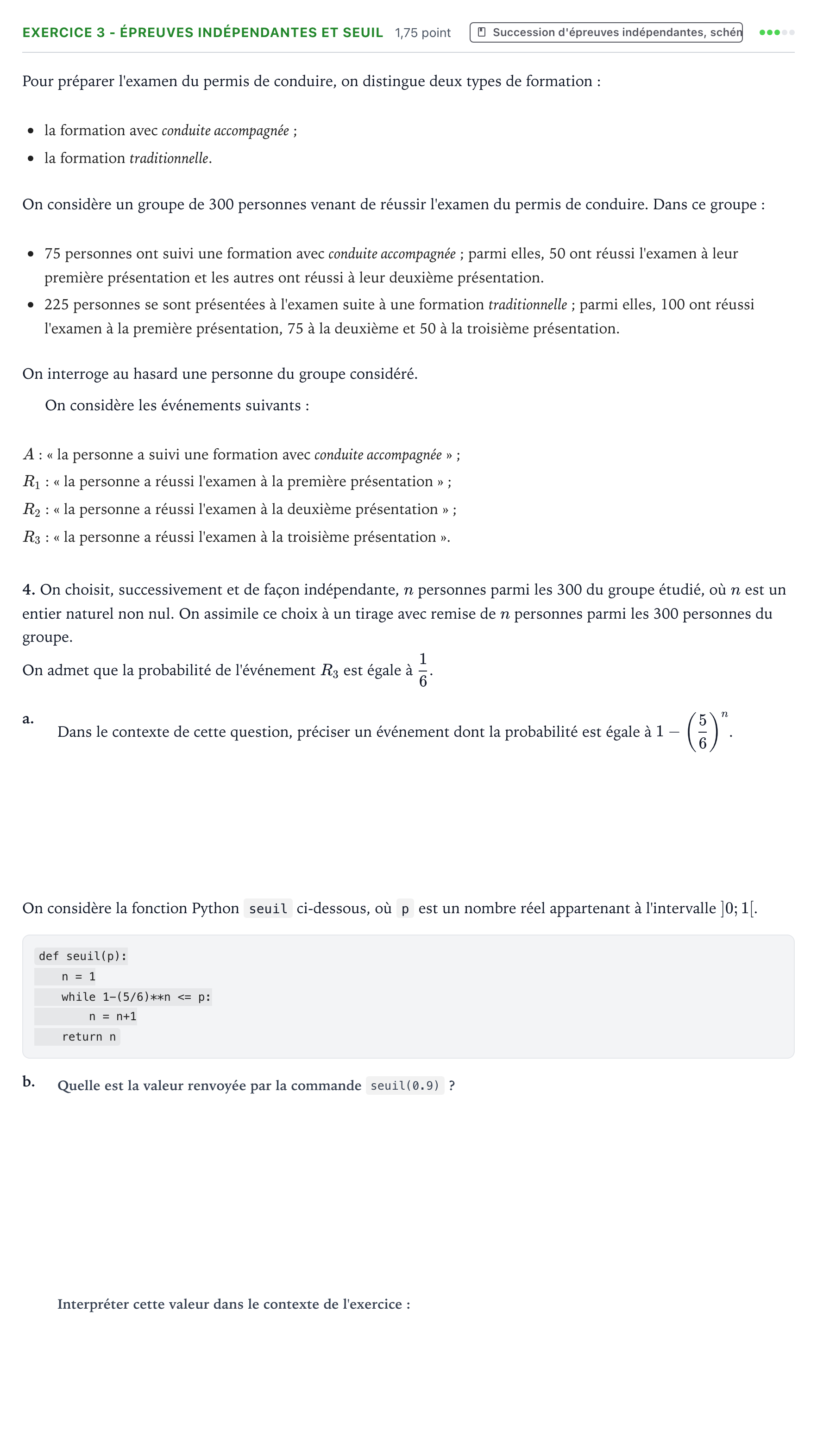 Énoncé: Exercice 3 - Épreuves indépendantes et seuil · Bac Mathématiques Sujets zéro et spécimens sujet 2021 (sujet 1)
