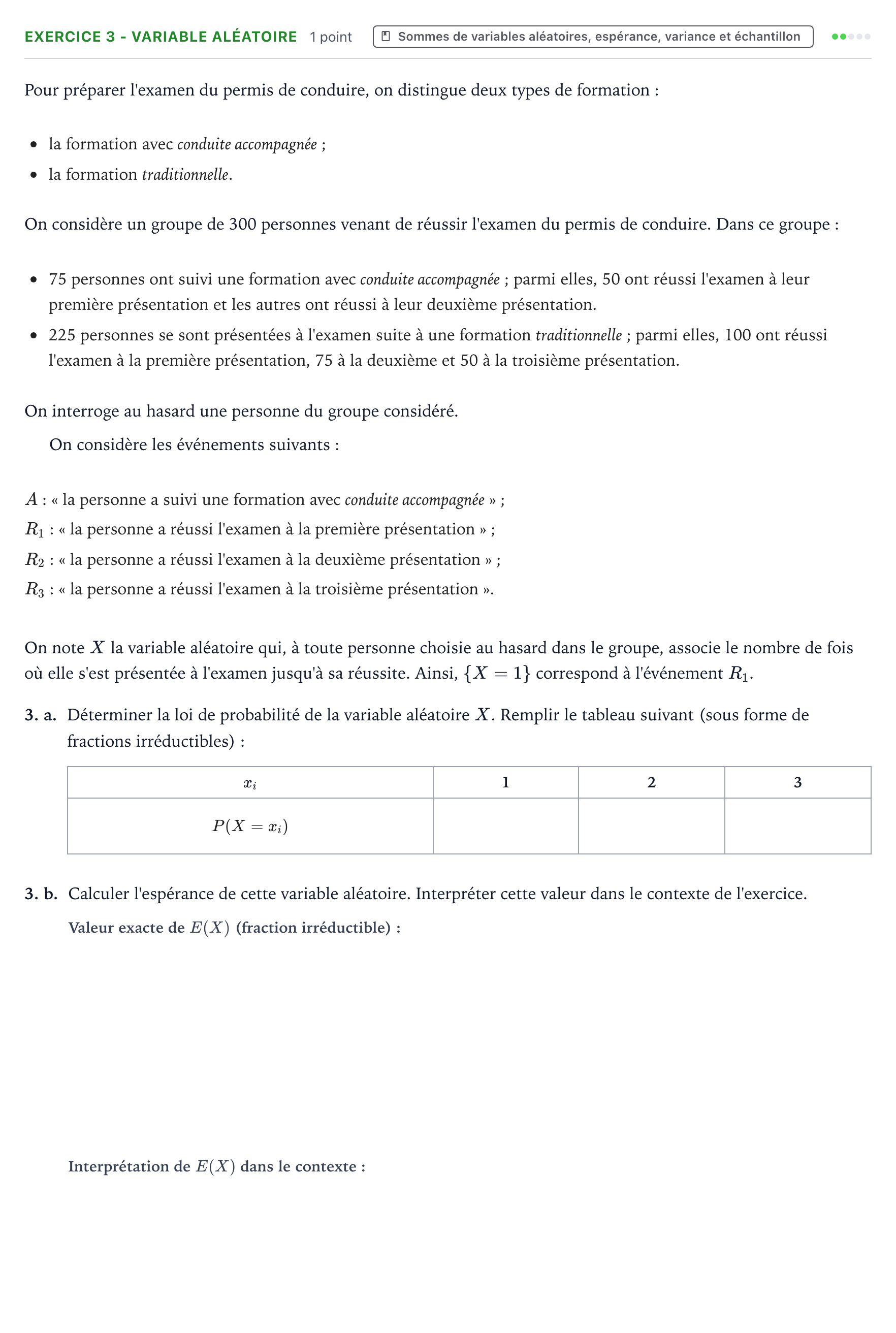 Énoncé: Exercice 3 - Variable aléatoire · Bac Mathématiques Sujets zéro et spécimens sujet 2021 (sujet 1)