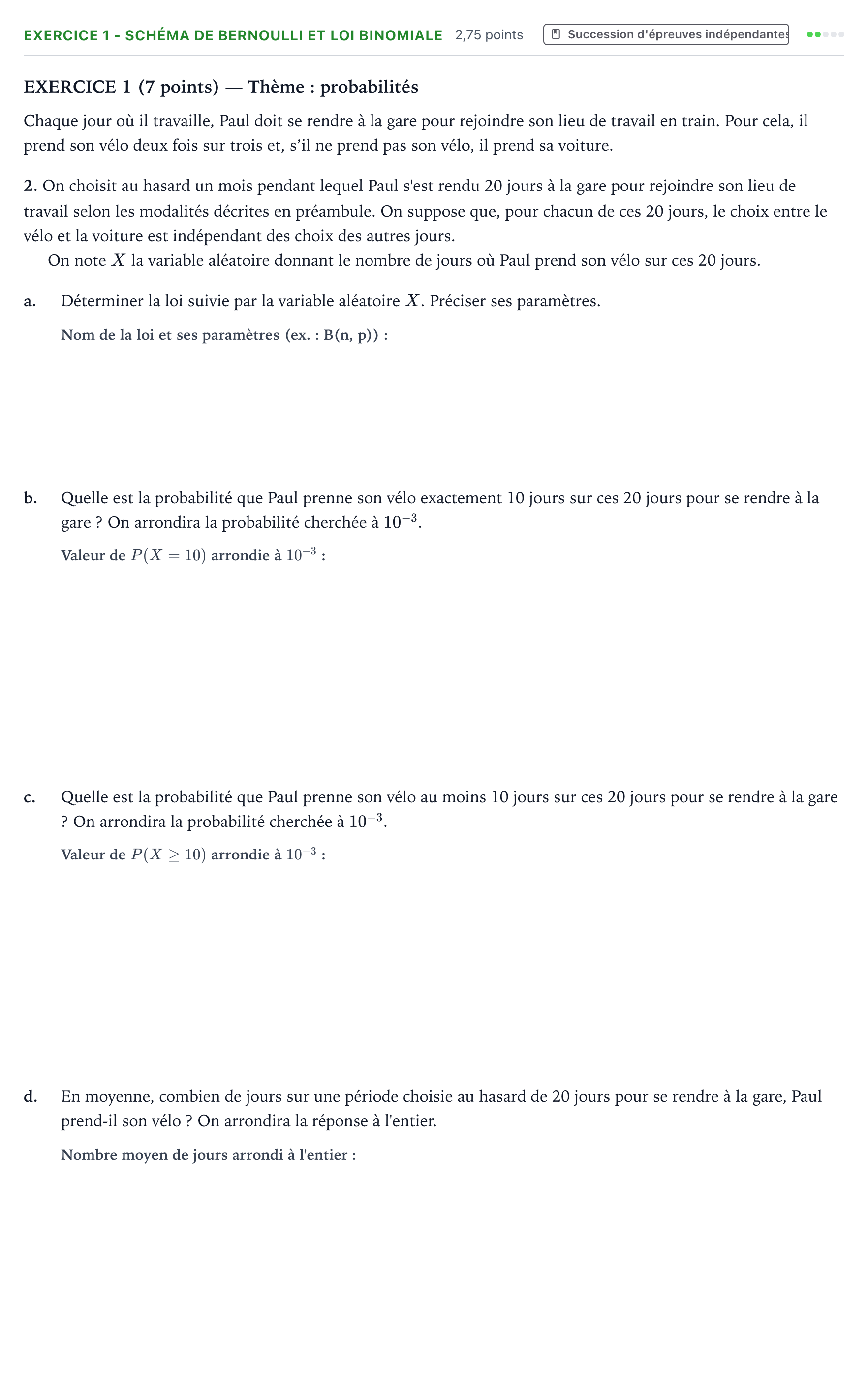 Énoncé: Exercice 1 - Schéma de Bernoulli et loi binomiale · Bac Mathématiques Amérique du Nord 2022 (jour 1)