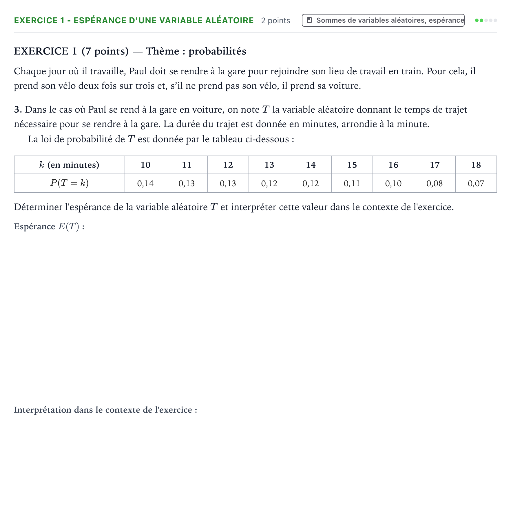 Énoncé: Exercice 1 - Espérance d'une variable aléatoire · Bac Mathématiques Amérique du Nord 2022 (jour 1)