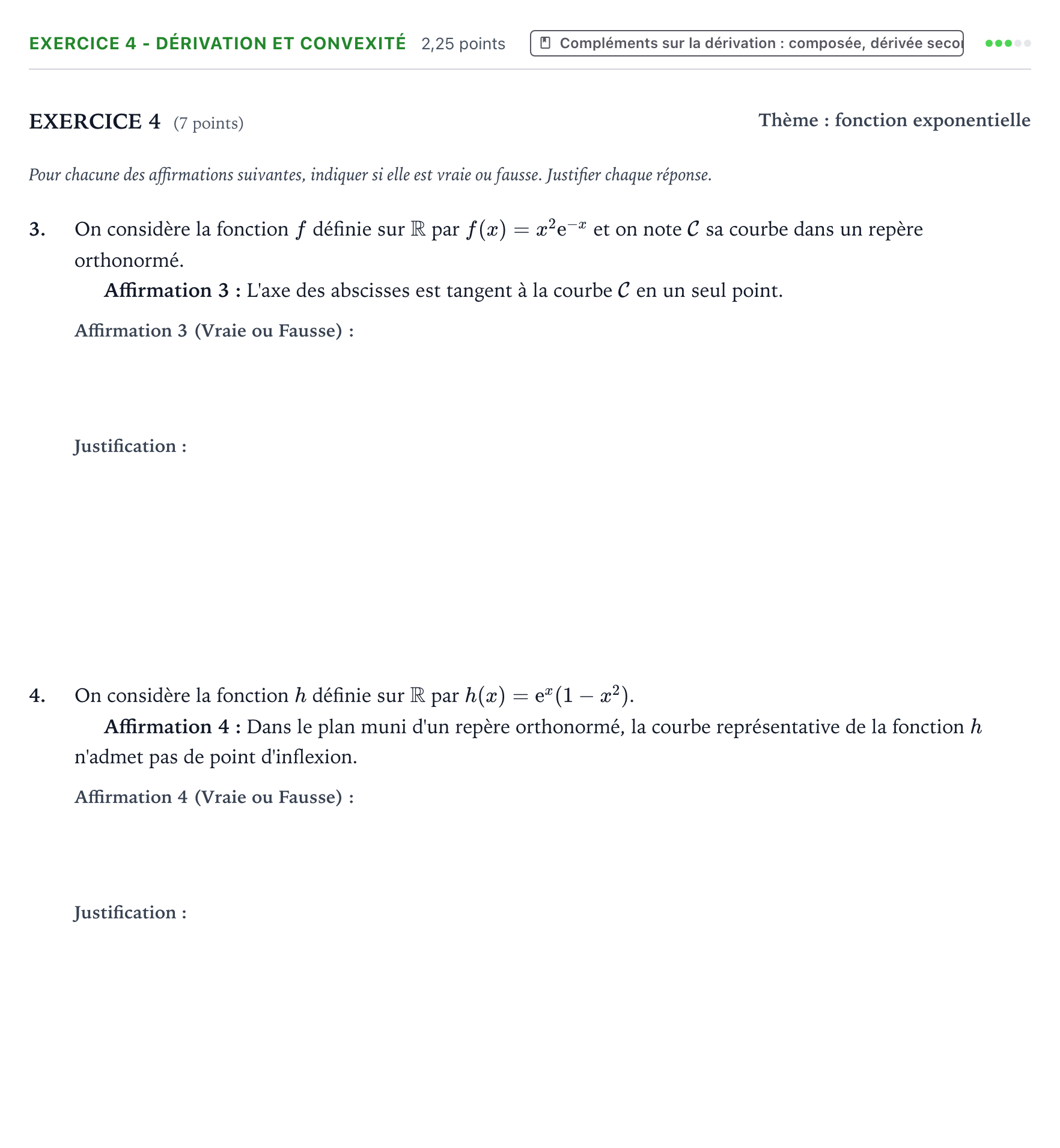 Énoncé: Exercice 4 - Dérivation et convexité · Bac Mathématiques Amérique du Nord 2022 (jour 1)