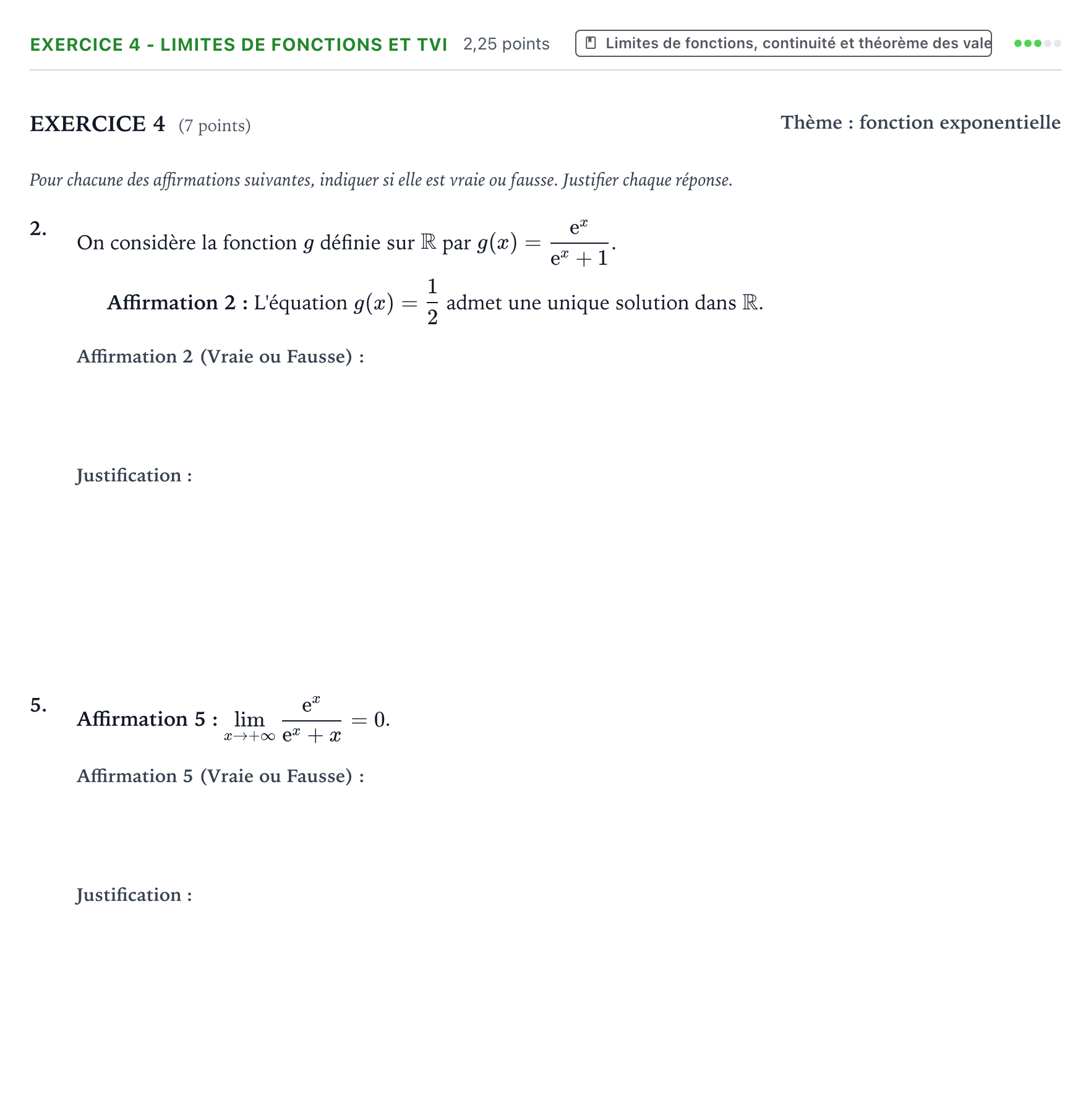 Énoncé: Exercice 4 - Limites de fonctions et TVI · Bac Mathématiques Amérique du Nord 2022 (jour 1)