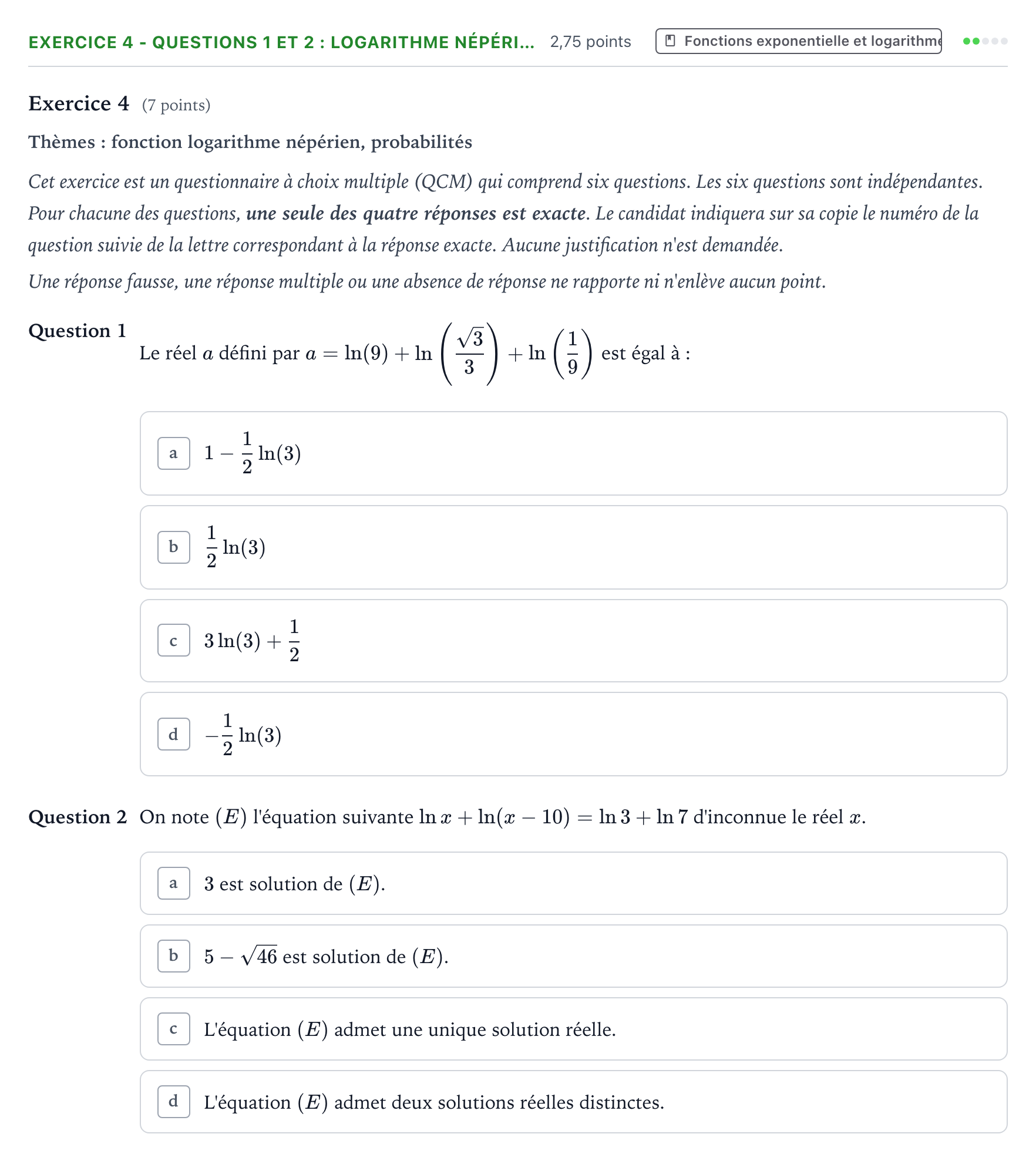 Énoncé: Exercice 4 - Questions 1 et 2 : Logarithme népéri… · Bac Mathématiques Amérique du Nord 2022 (jour 2)