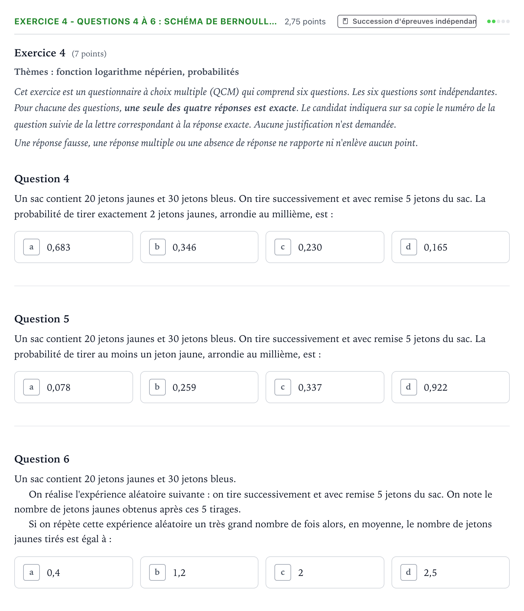 Énoncé: Exercice 4 - Questions 4 à 6 : Schéma de Bernoull… · Bac Mathématiques Amérique du Nord 2022 (jour 2)
