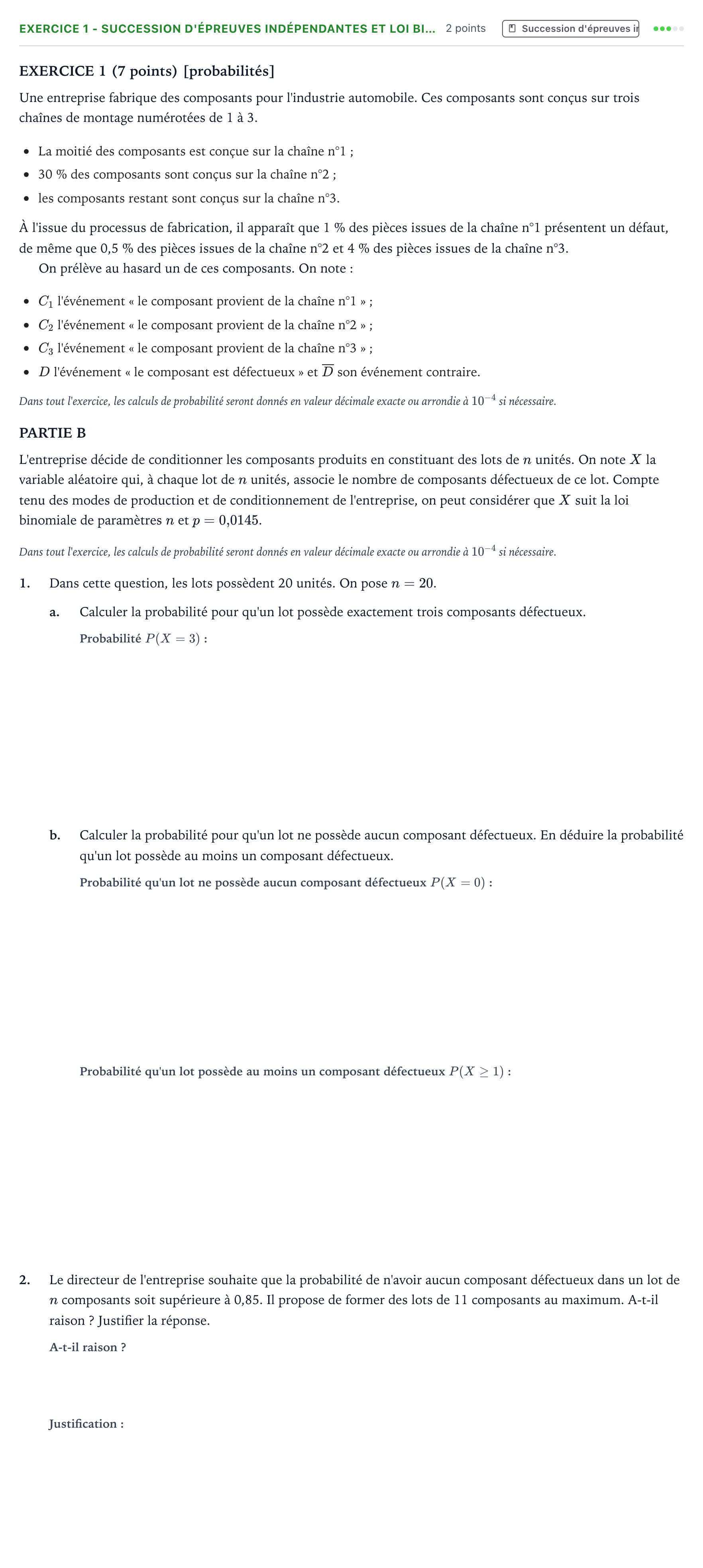 Énoncé: Exercice 1 - Succession d'épreuves indépendantes et loi bi… · Bac Mathématiques Amérique du Sud 2022 (jour 2)