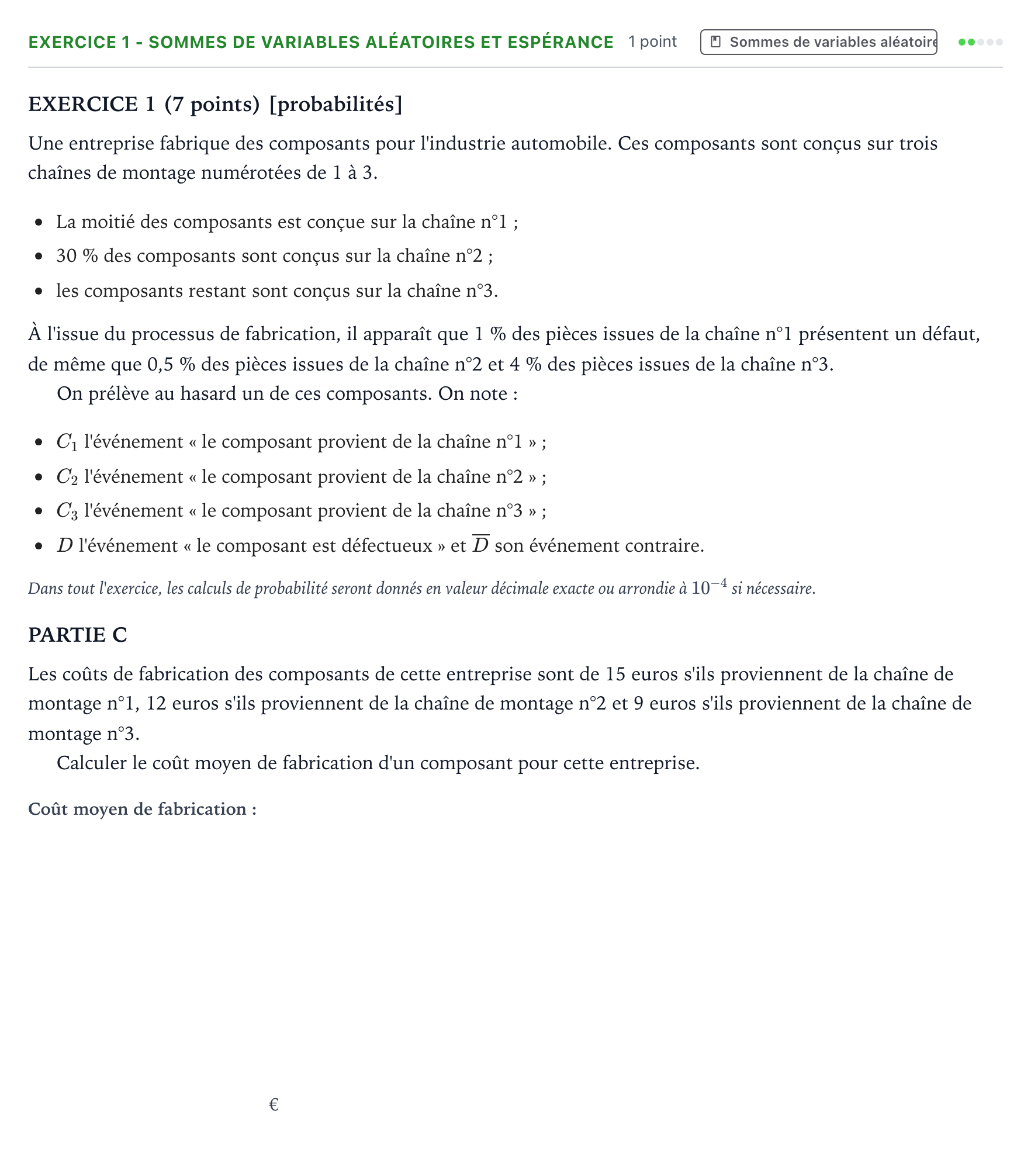 Énoncé: Exercice 1 - Sommes de variables aléatoires et espérance · Bac Mathématiques Amérique du Sud 2022 (jour 2)