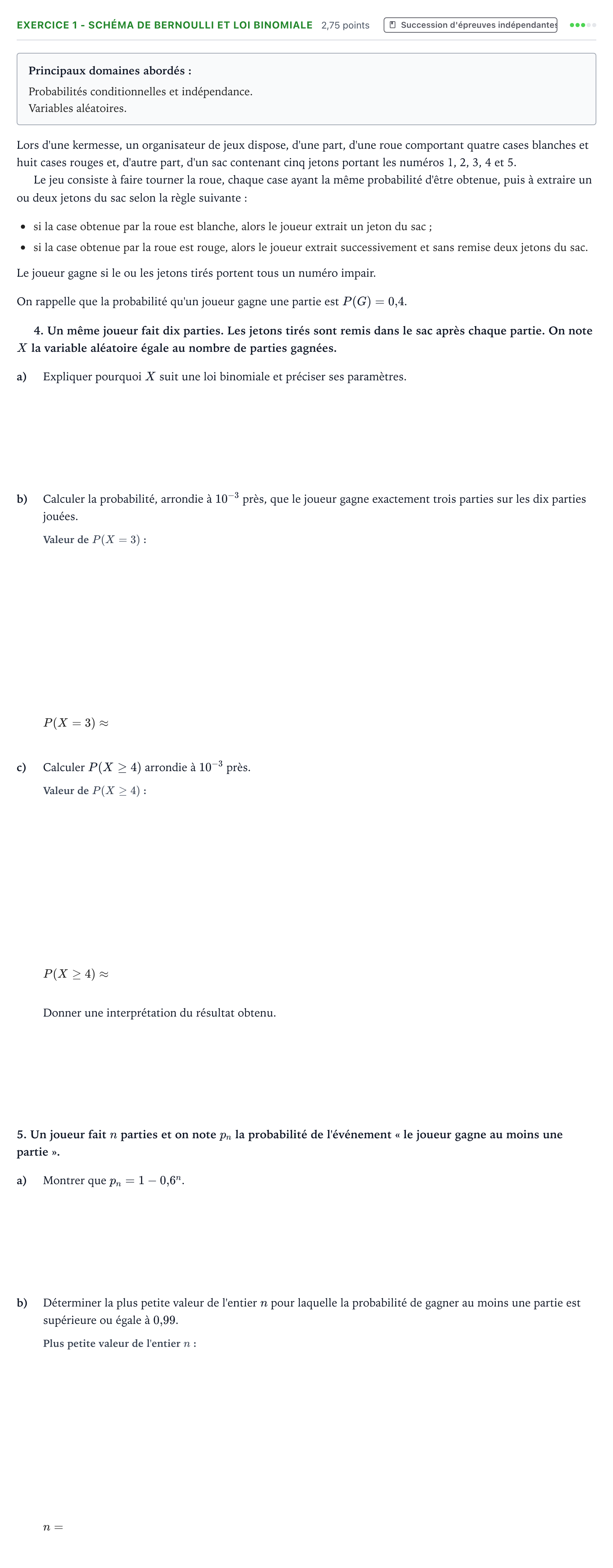 Énoncé: Exercice 1 - Schéma de Bernoulli et loi binomiale · Bac Mathématiques Asie 2022 (jour 1)