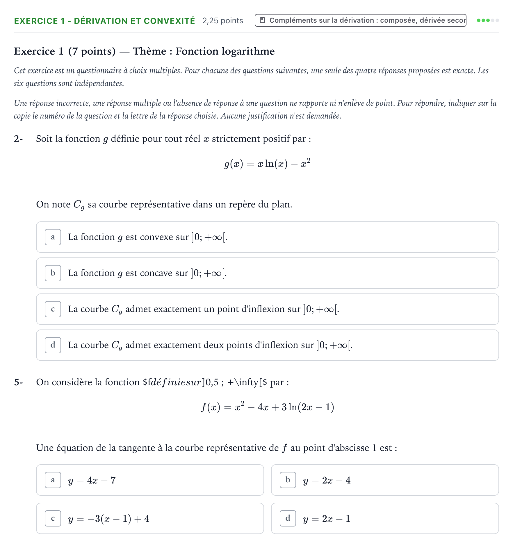 Énoncé: Exercice 1 - Dérivation et convexité · Bac Mathématiques Centres étrangers (Afrique) 2022 (jour 1)