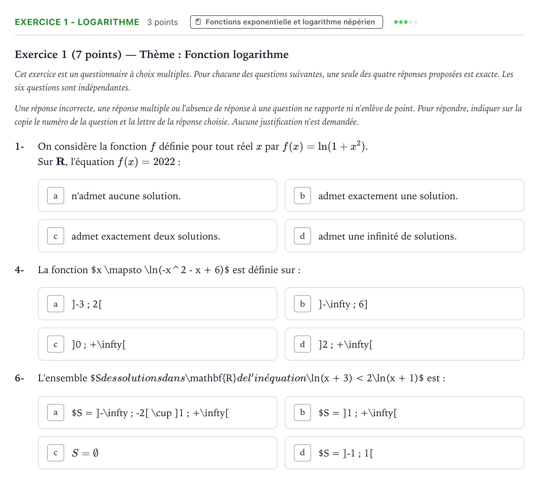 Énoncé: Exercice 1 - Logarithme · Bac Mathématiques Centres étrangers (Afrique) 2022 (jour 1)