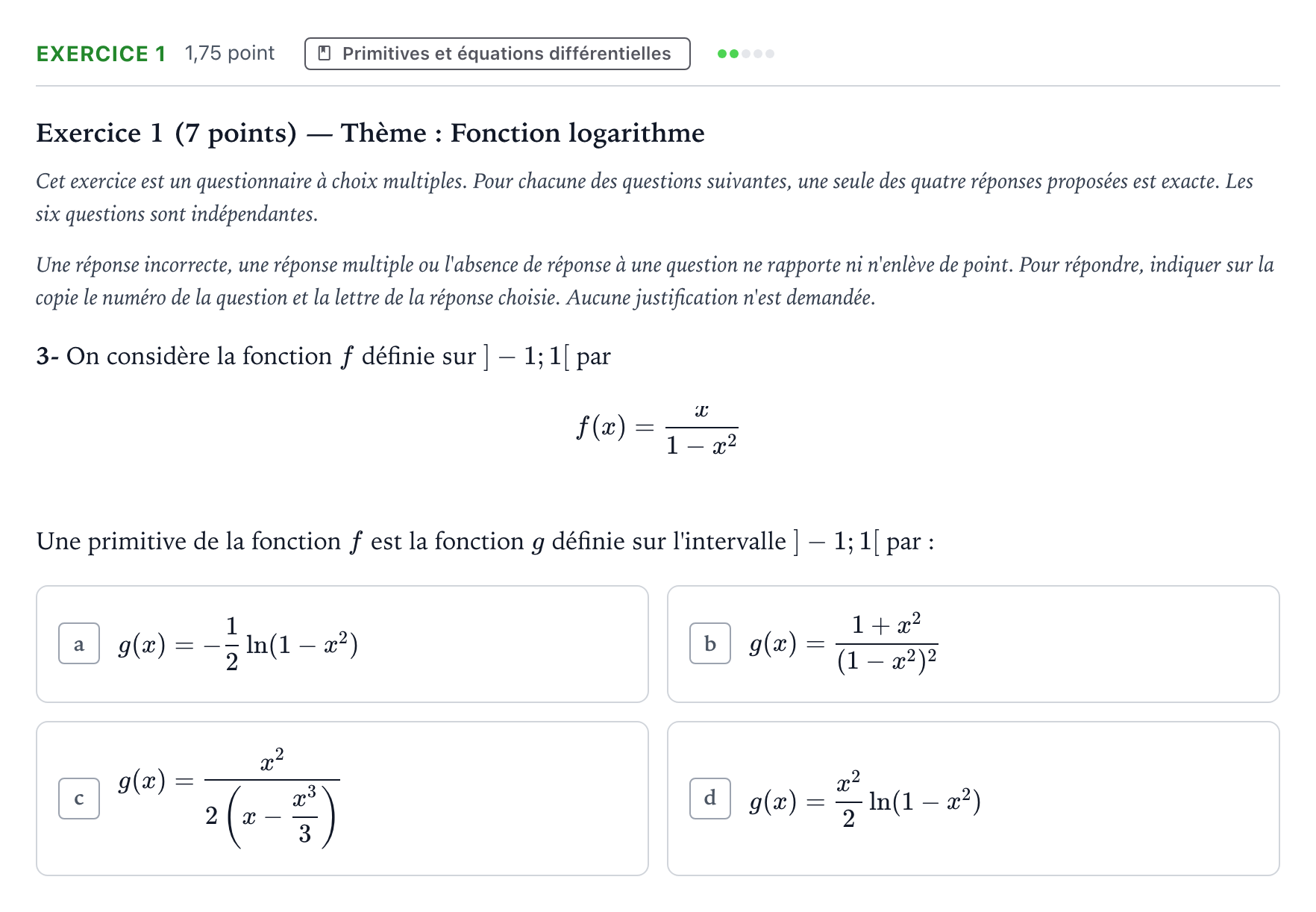 Énoncé: Exercice 1 - Primitives · Bac Mathématiques Centres étrangers (Afrique) 2022 (jour 1)