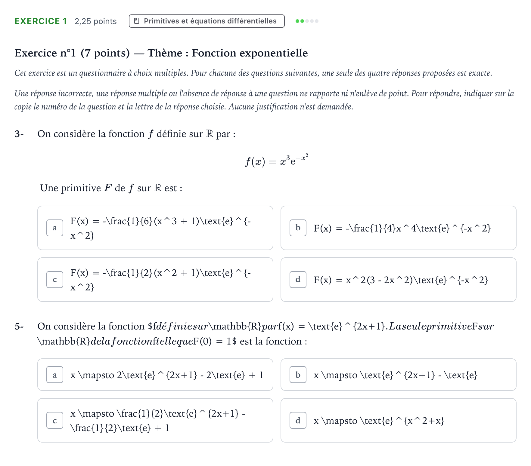 Énoncé: Exercice 1 - Primitives · Bac Mathématiques Centres étrangers (Afrique) 2022 (jour 2)