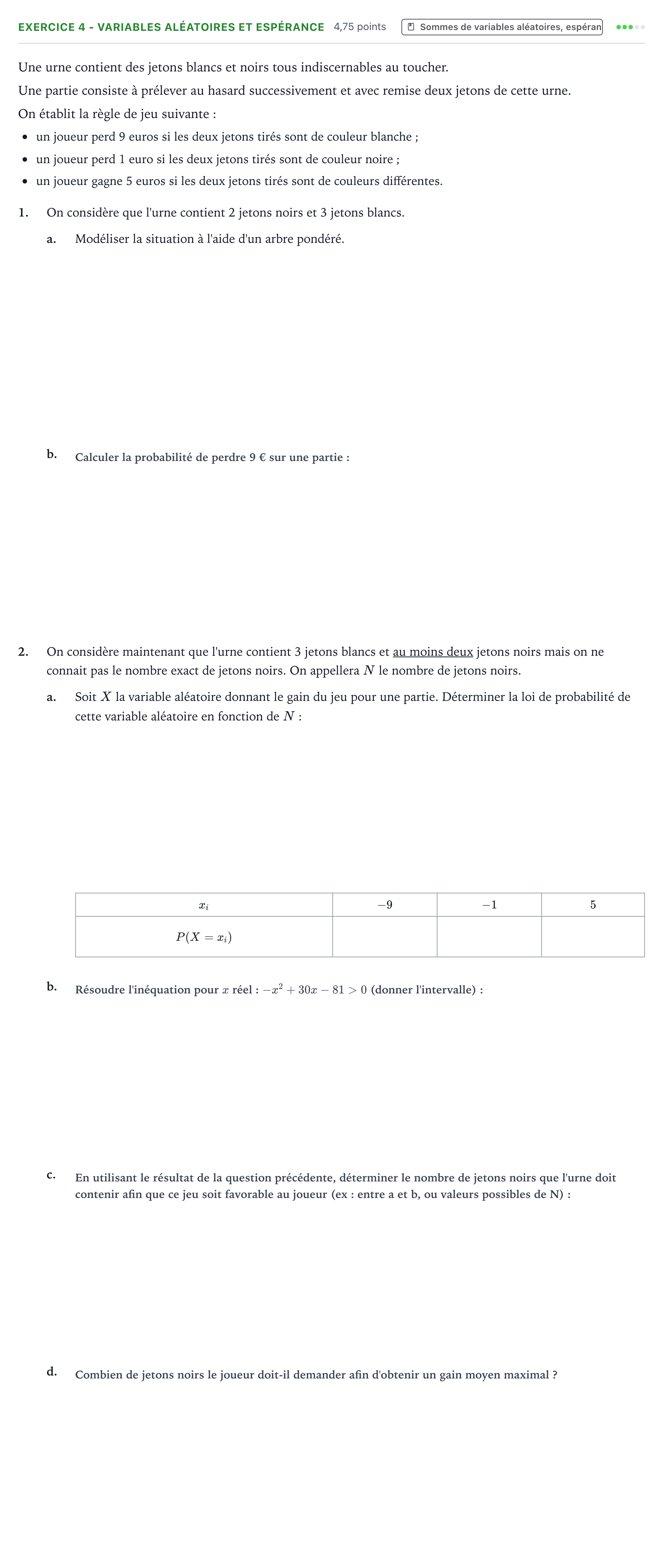 Énoncé: Exercice 4 - Variables aléatoires et espérance · Bac Mathématiques Centres étrangers (Afrique) 2022 (jour 2)