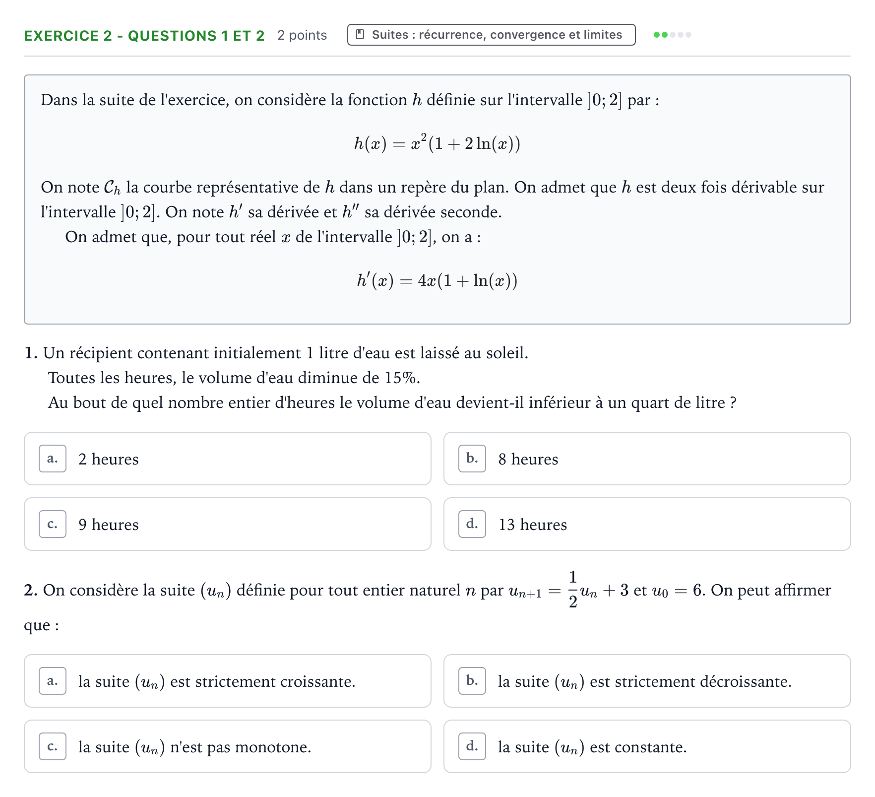 Énoncé: Exercice 2 - Questions 1 et 2 · Bac Mathématiques Mayotte-Liban 2022 (jour 1)