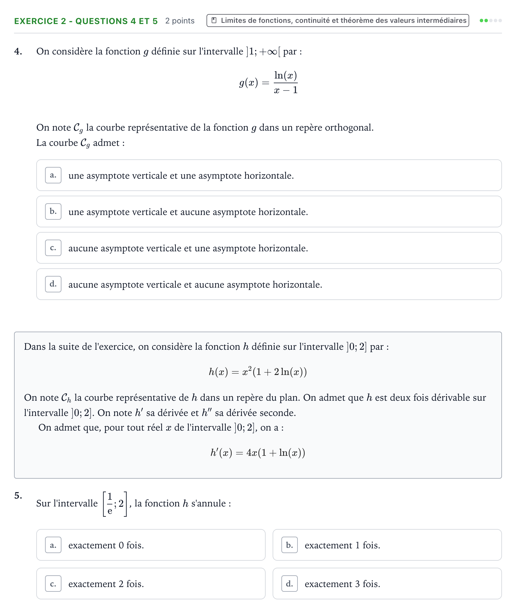Énoncé: Exercice 2 - Questions 4 et 5 · Bac Mathématiques Mayotte-Liban 2022 (jour 1)