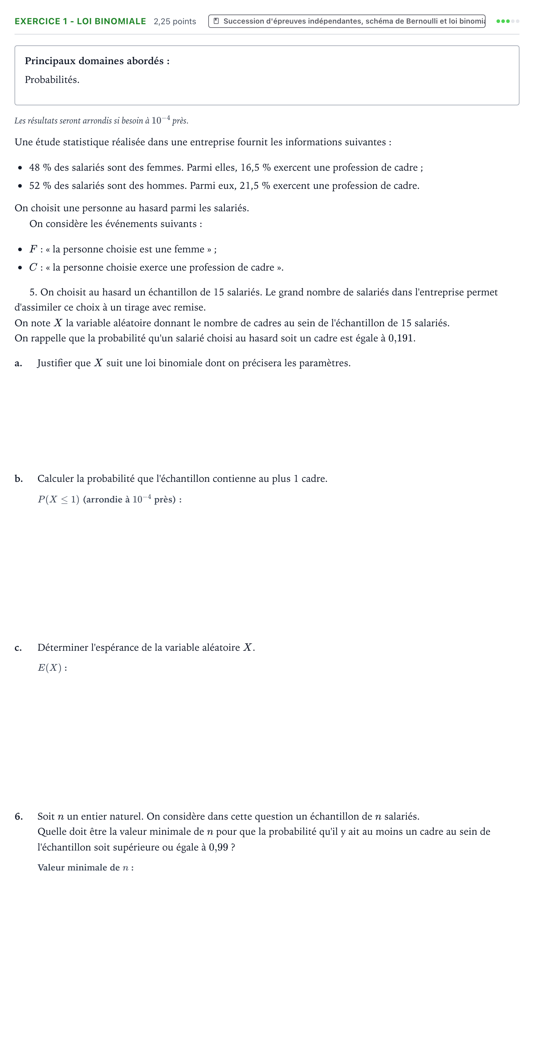 Énoncé: Exercice 1 - Loi binomiale · Bac Mathématiques Mayotte-Liban 2022 (jour 2)