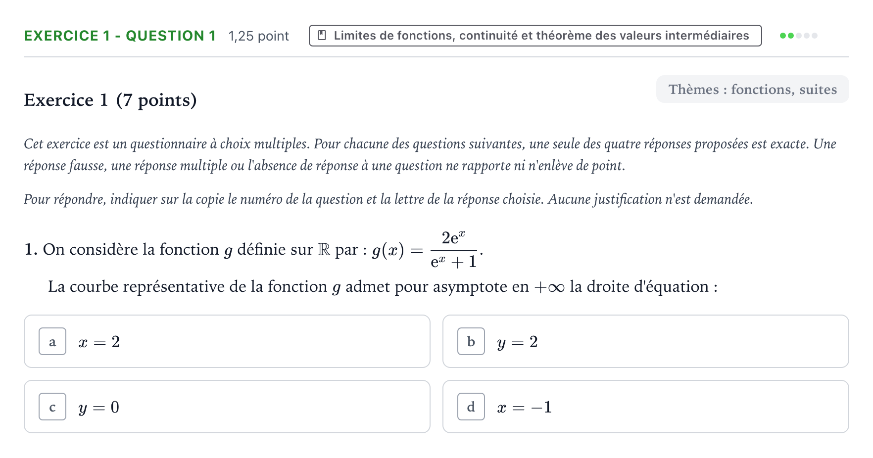 Énoncé: Exercice 1 - Question 1 · Bac Mathématiques Métropole 1 remplacement 2022