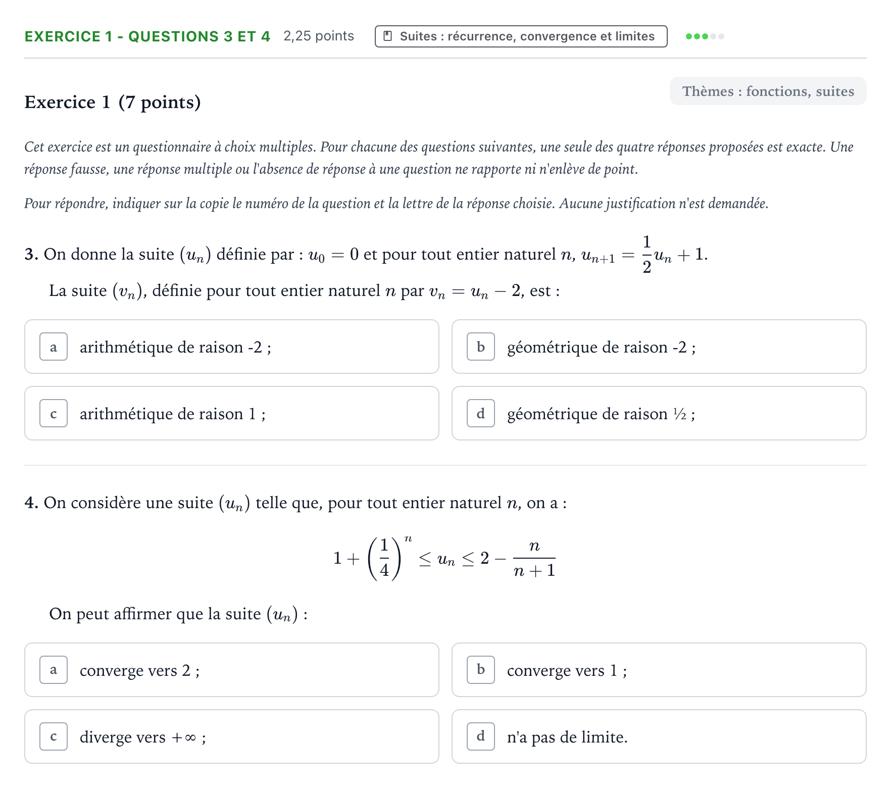 Énoncé: Exercice 1 - Questions 3 et 4 · Bac Mathématiques Métropole 1 remplacement 2022