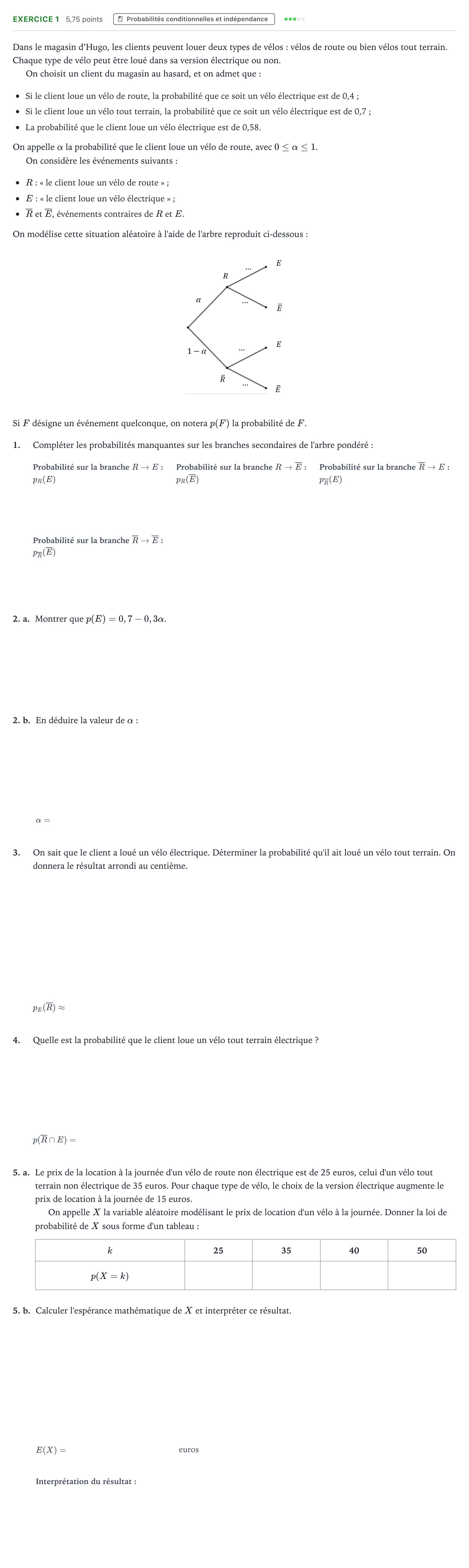 Énoncé: Exercice 1 - Probabilités conditionnelles · Bac Mathématiques Métropole 2 remplacement 2022