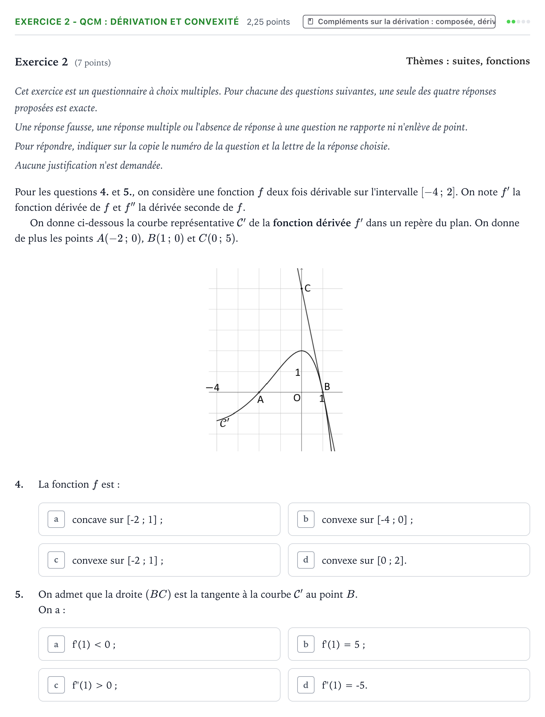 Énoncé: Exercice 2 - QCM : Dérivation et convexité · Bac Mathématiques Métropole 2 remplacement 2022