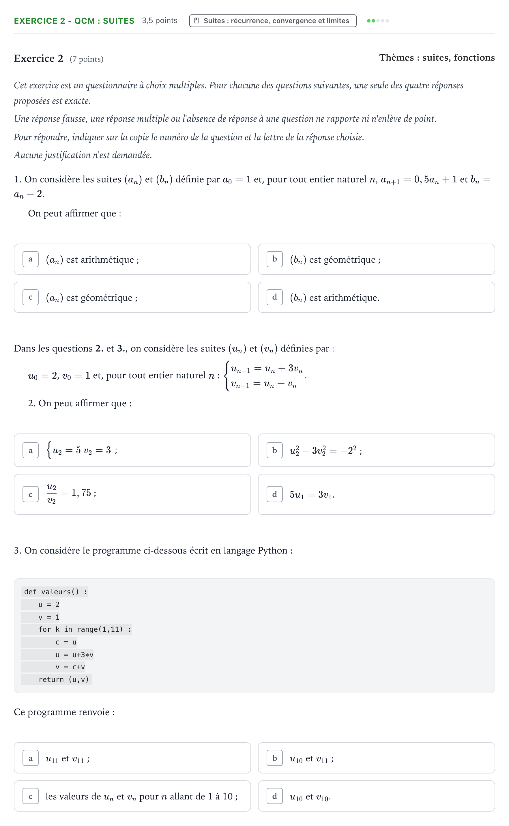 Énoncé: Exercice 2 - QCM : Suites · Bac Mathématiques Métropole 2 remplacement 2022