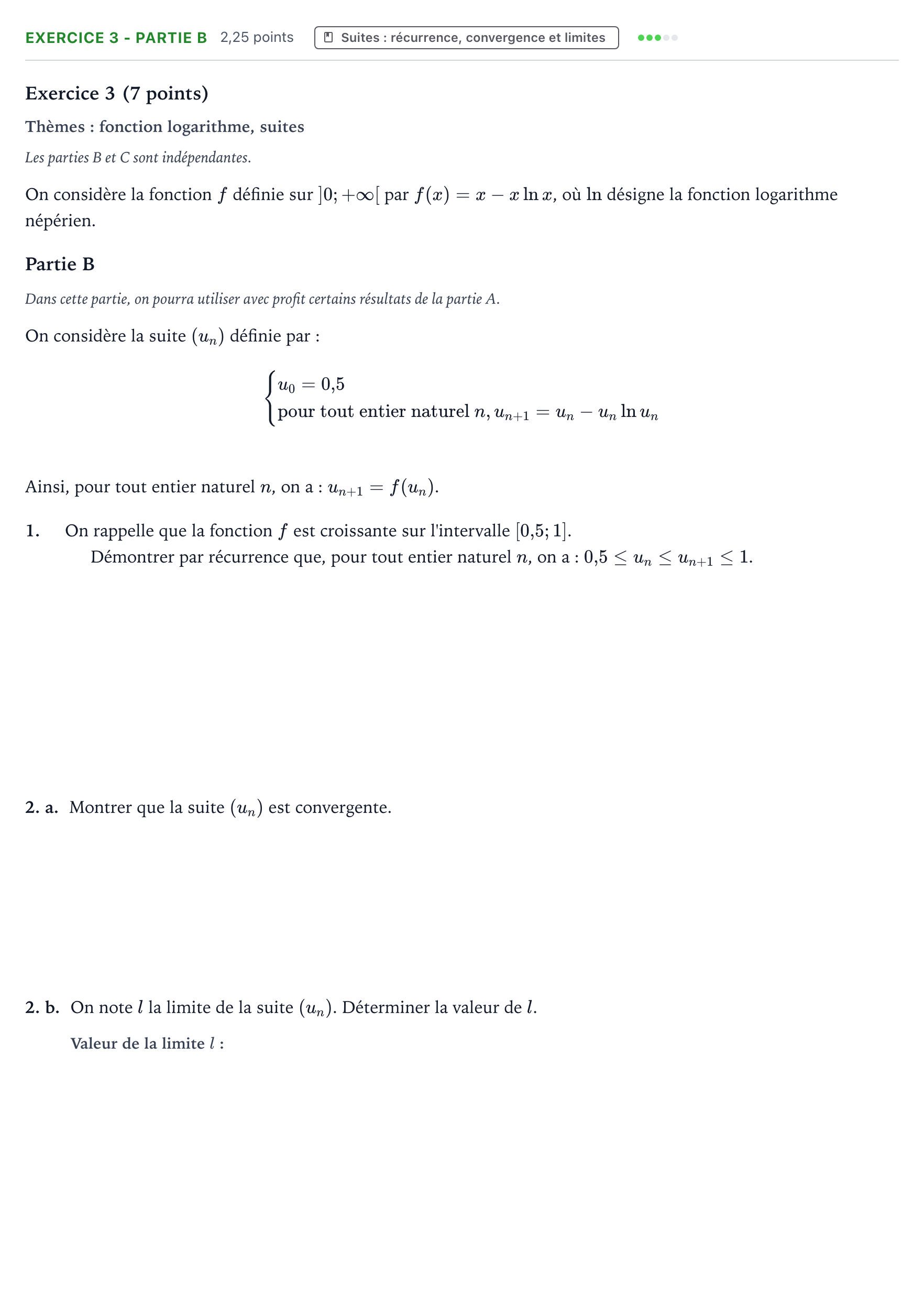 Énoncé: Exercice 3 - Partie B · Bac Mathématiques Métropole 2 remplacement 2022
