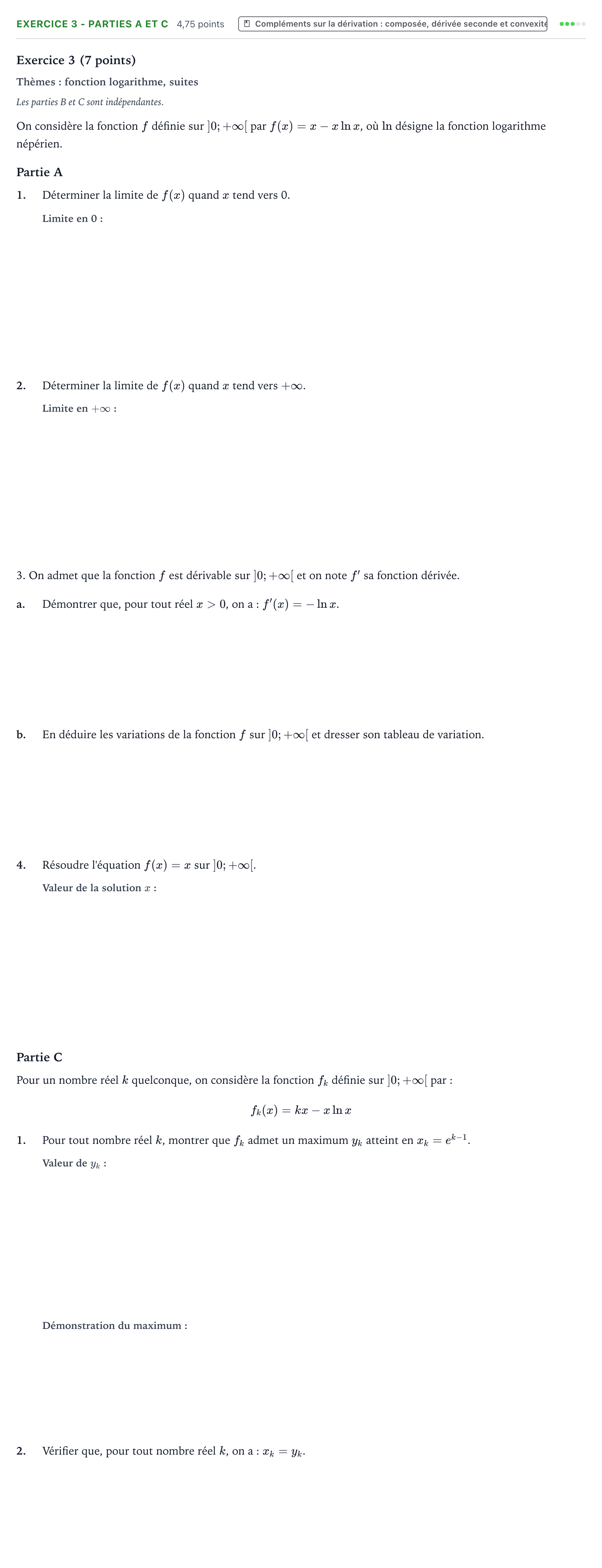 Énoncé: Exercice 3 - Parties A et C · Bac Mathématiques Métropole 2 remplacement 2022