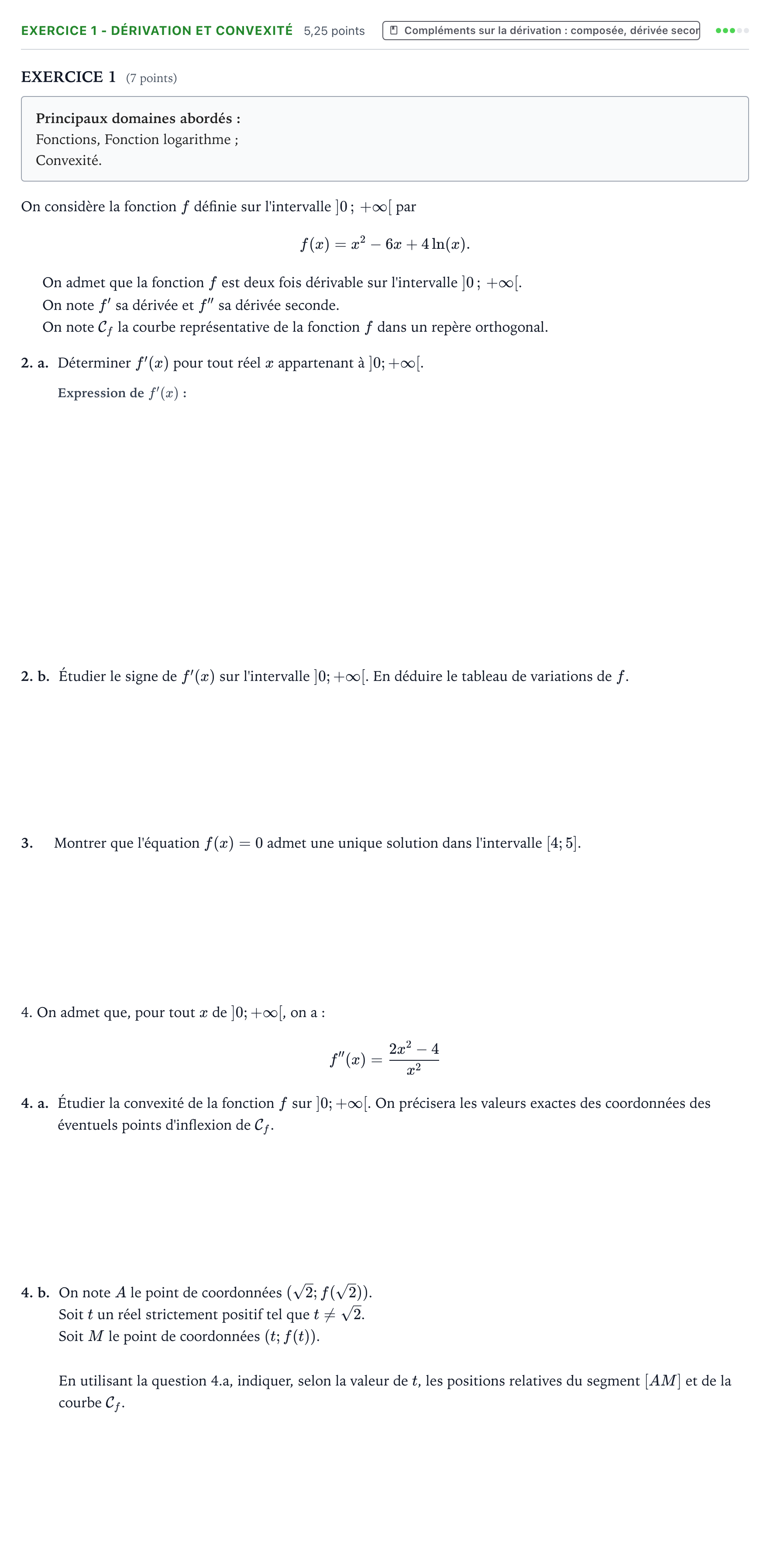 Énoncé: Exercice 1 - Dérivation et convexité · Bac Mathématiques Nouvelle-Calédonie 2022 (jour 1)