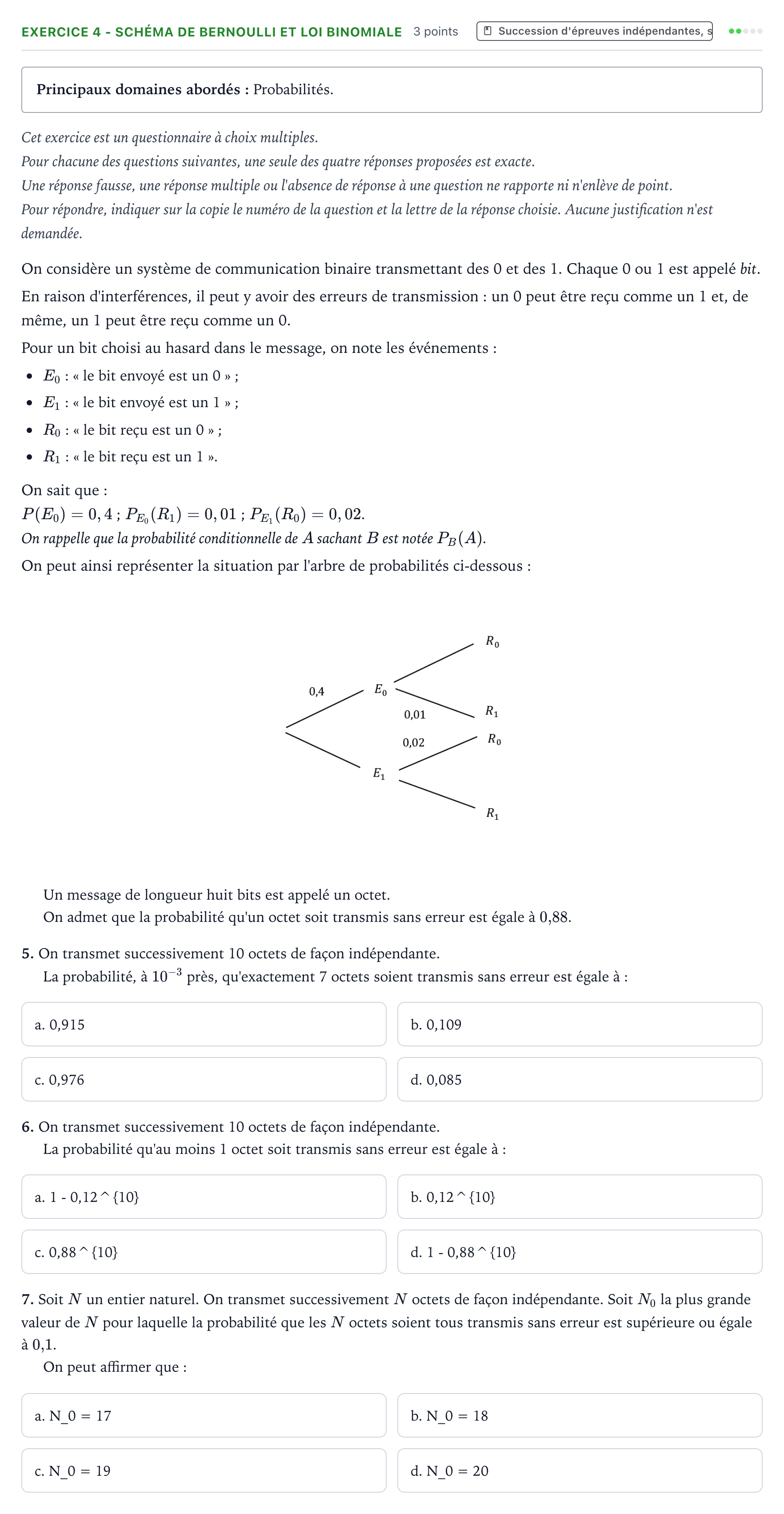 Énoncé: Exercice 4 - Schéma de Bernoulli et loi binomiale · Bac Mathématiques Nouvelle-Calédonie 2022 (jour 1)