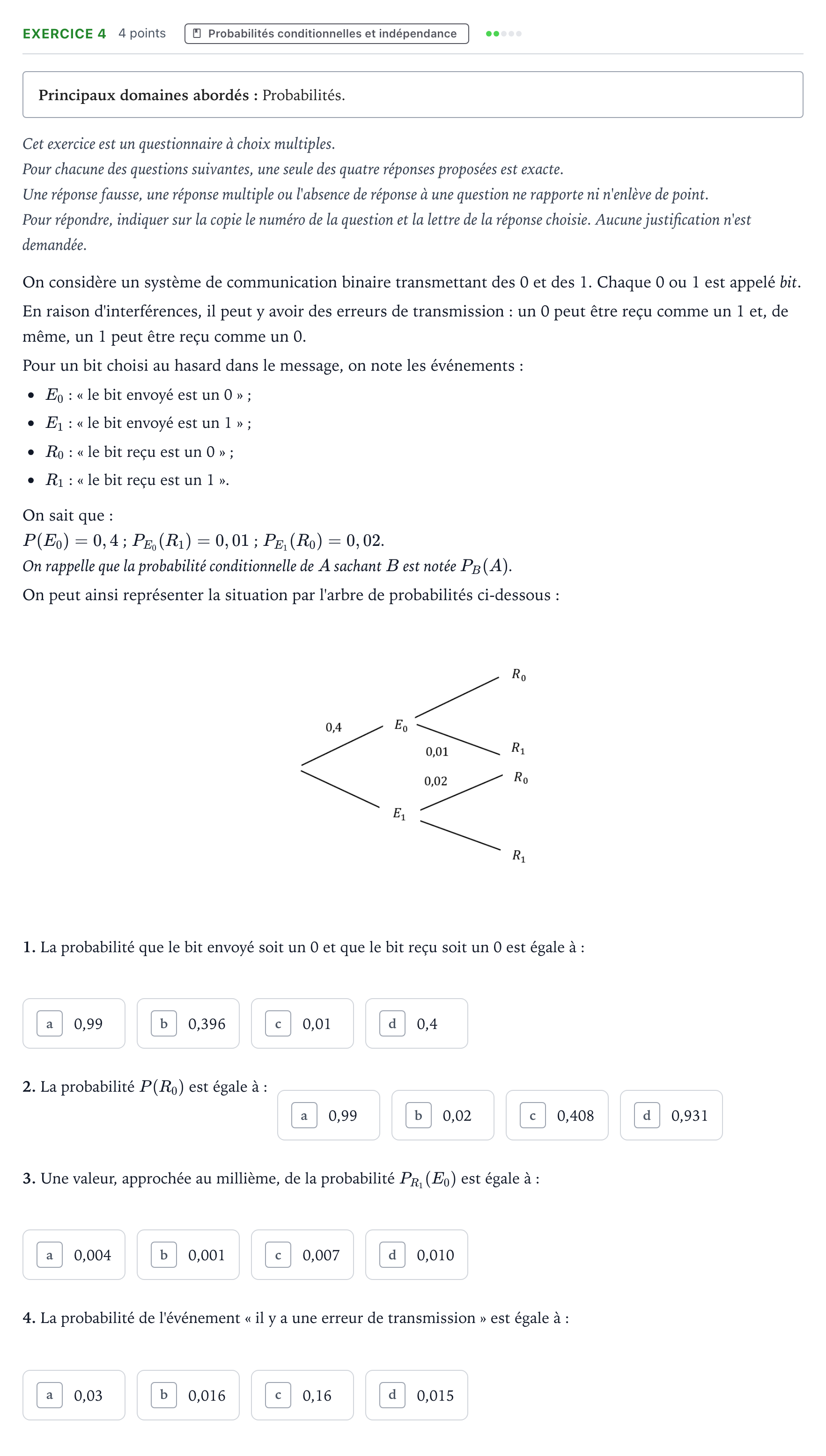 Énoncé: Exercice 4 - Probabilités conditionnelles · Bac Mathématiques Nouvelle-Calédonie 2022 (jour 1)