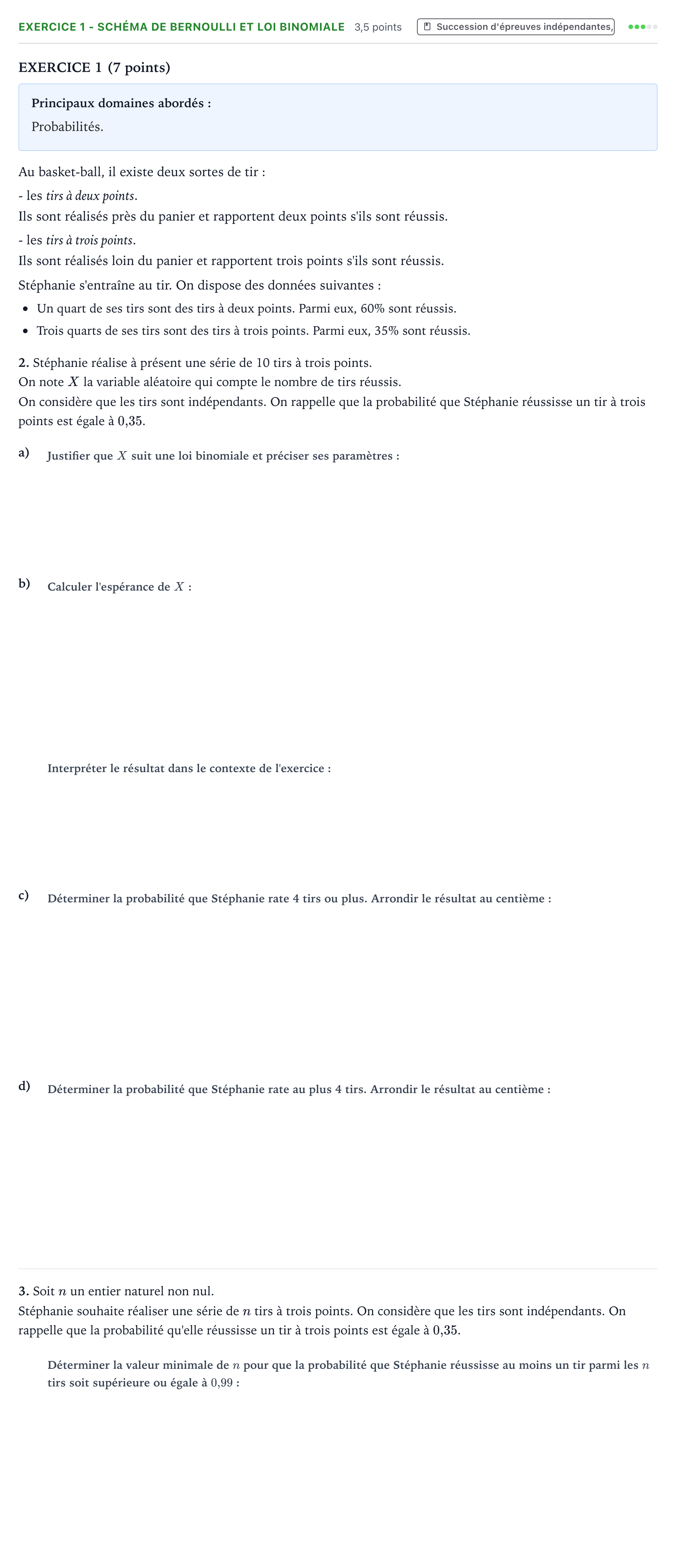 Énoncé: Exercice 1 - Schéma de Bernoulli et loi binomiale · Bac Mathématiques Nouvelle-Calédonie 2022 (jour 2)