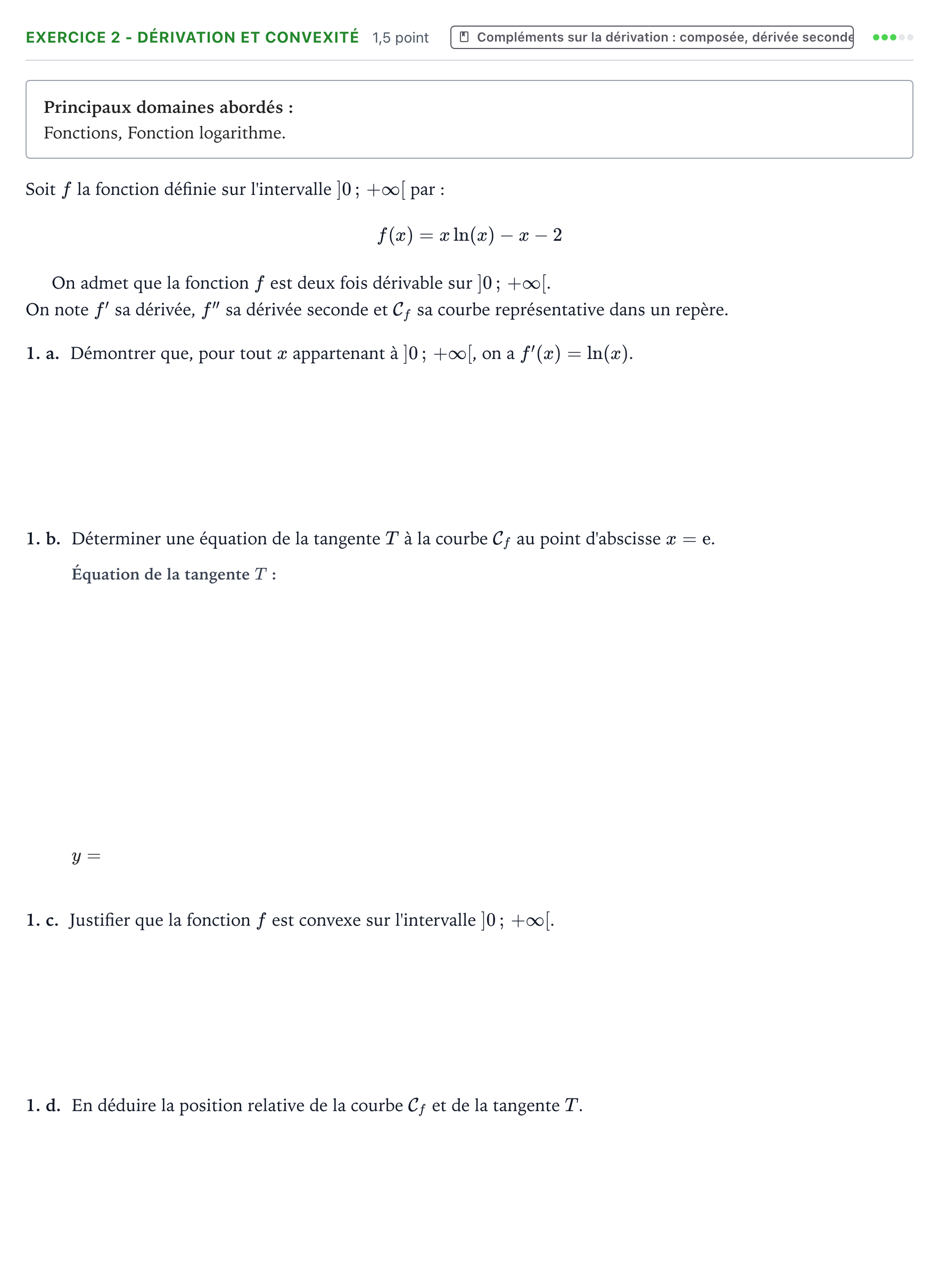 Énoncé: Exercice 2 - Dérivation et convexité · Bac Mathématiques Nouvelle-Calédonie 2022 (jour 2)