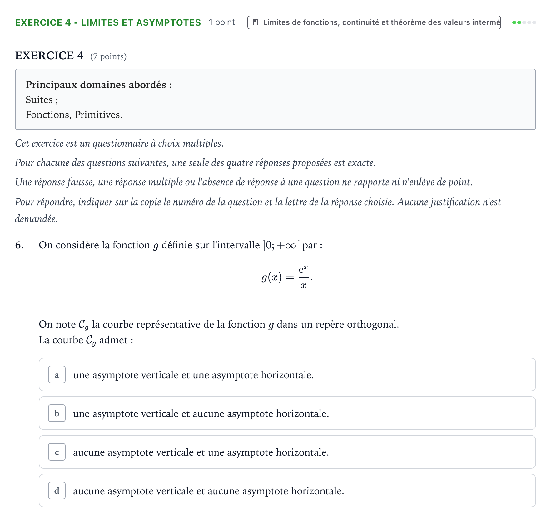 Énoncé: Exercice 4 - Limites et asymptotes · Bac Mathématiques Nouvelle-Calédonie 2022 (jour 2)