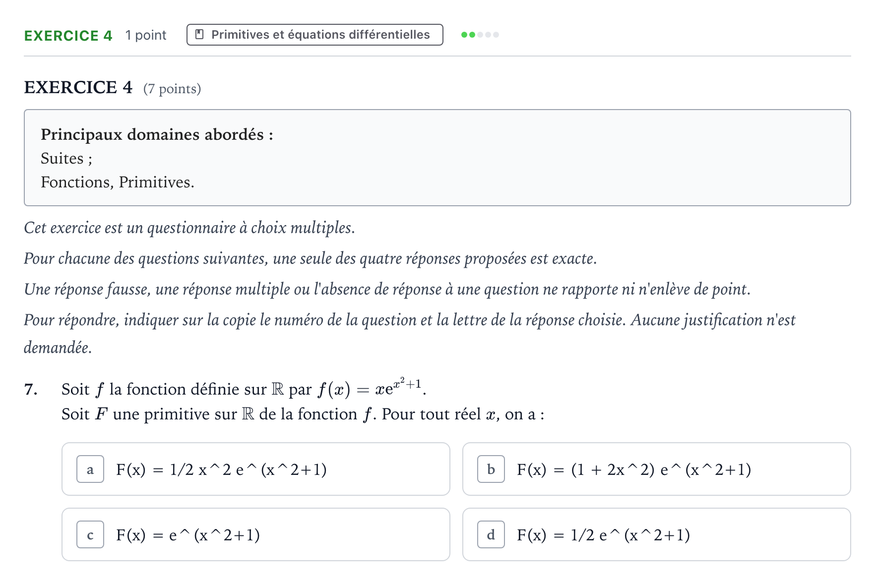 Énoncé: Exercice 4 - Primitives · Bac Mathématiques Nouvelle-Calédonie 2022 (jour 2)