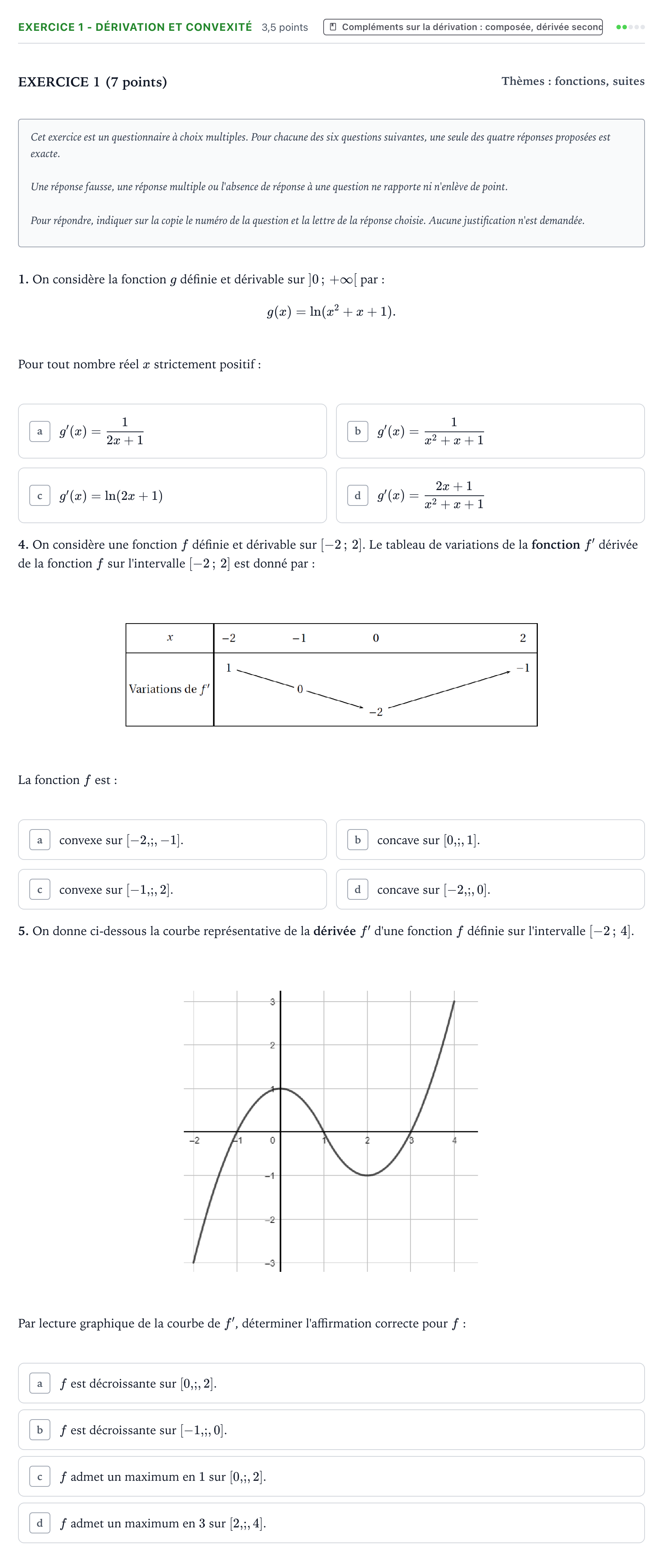 Énoncé: Exercice 1 - Dérivation et convexité · Bac Mathématiques Polynésie 2022 (jour 1)
