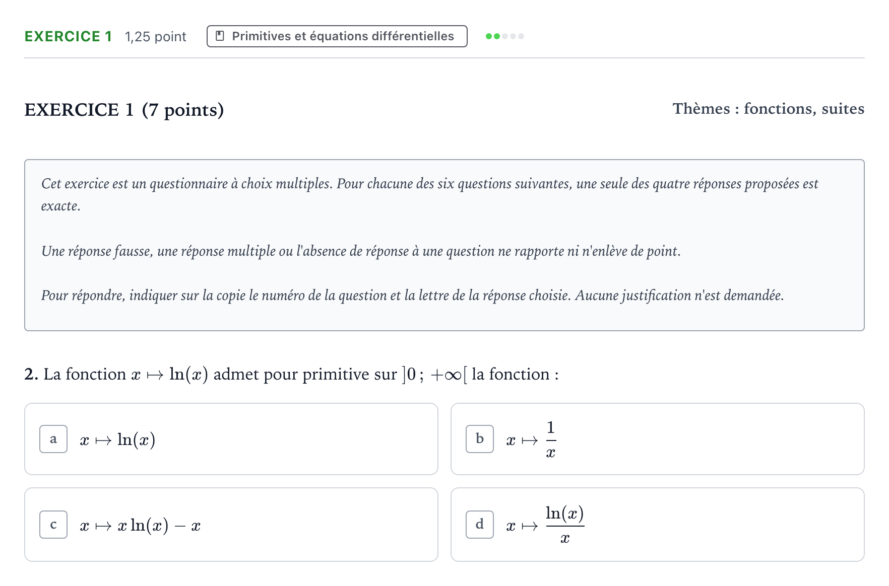 Énoncé: Exercice 1 - Primitives · Bac Mathématiques Polynésie 2022 (jour 1)