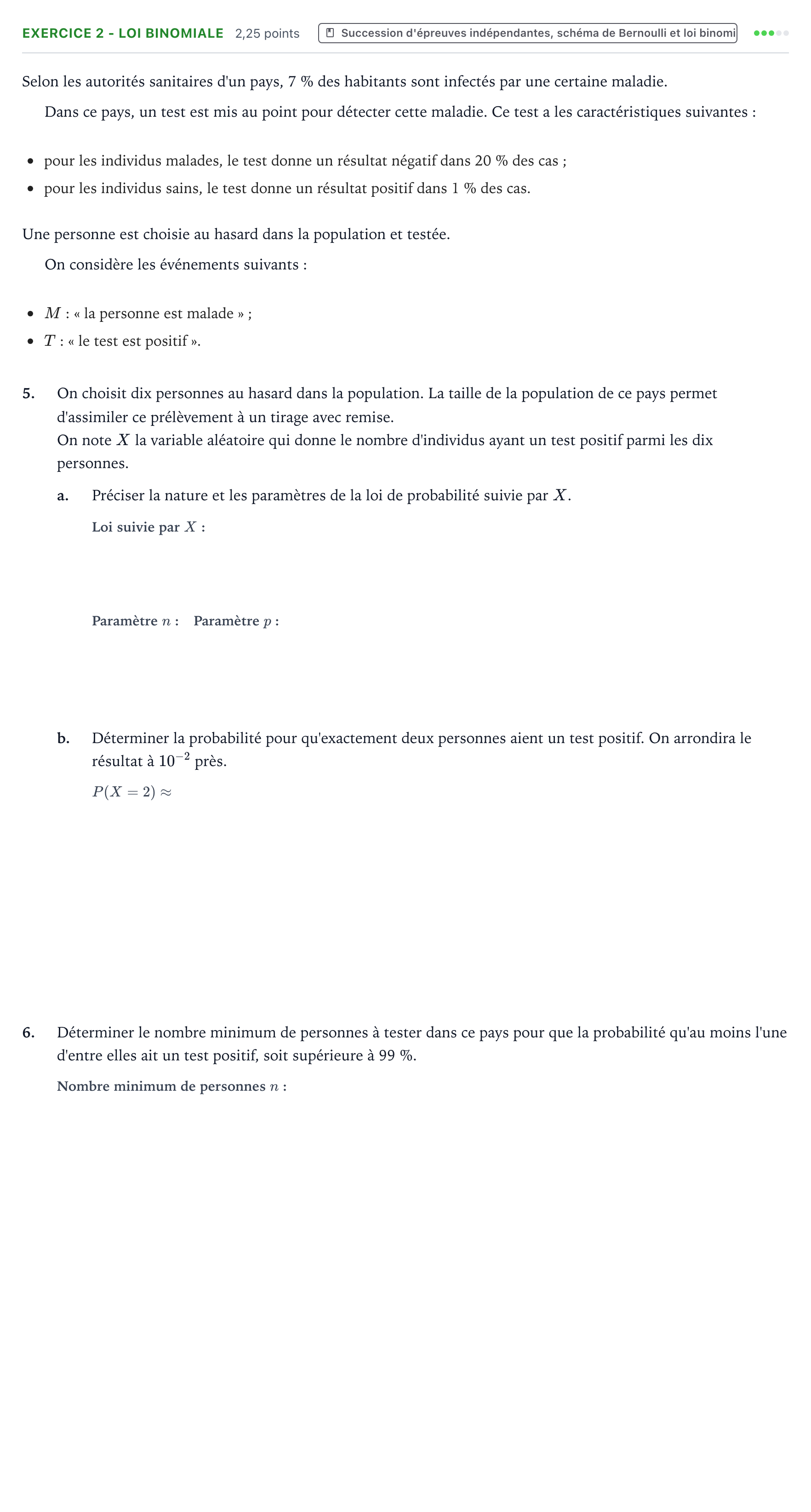 Énoncé: Exercice 2 - Loi binomiale · Bac Mathématiques Polynésie 2022 (jour 1)
