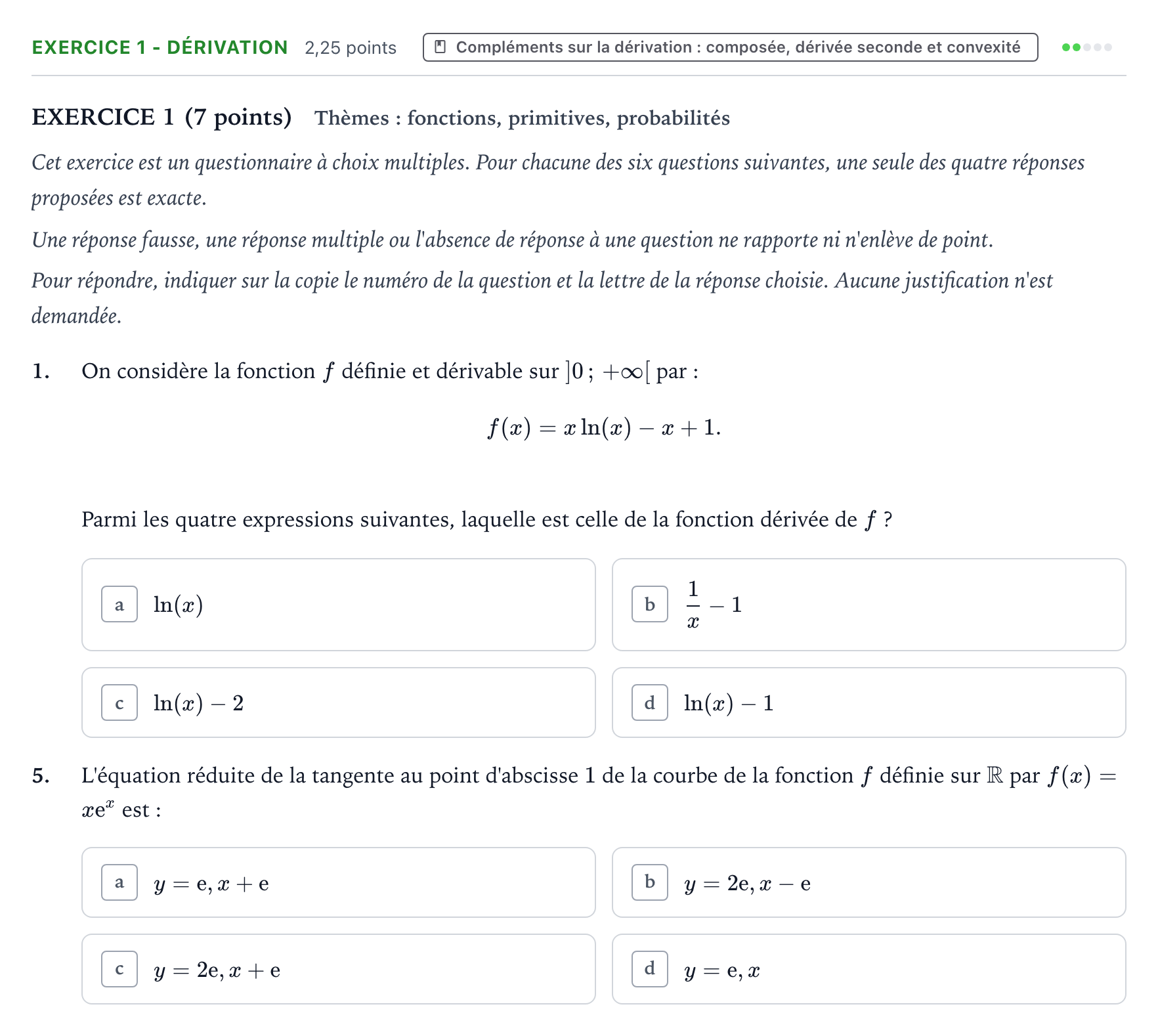 Énoncé: Exercice 1 - Dérivation · Bac Mathématiques Polynésie 2022 (jour 2)