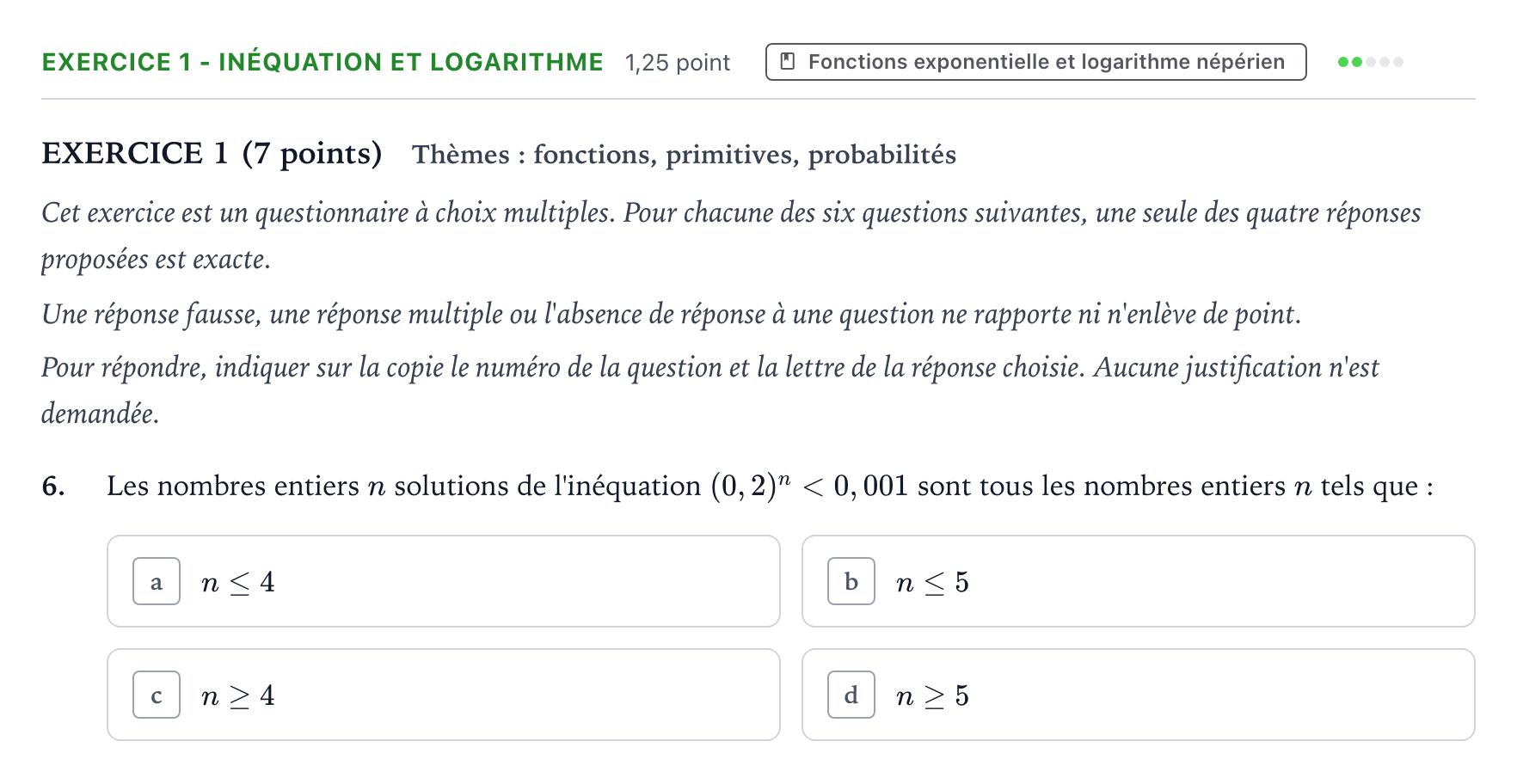 Énoncé: Exercice 1 - Inéquation et logarithme · Bac Mathématiques Polynésie 2022 (jour 2)
