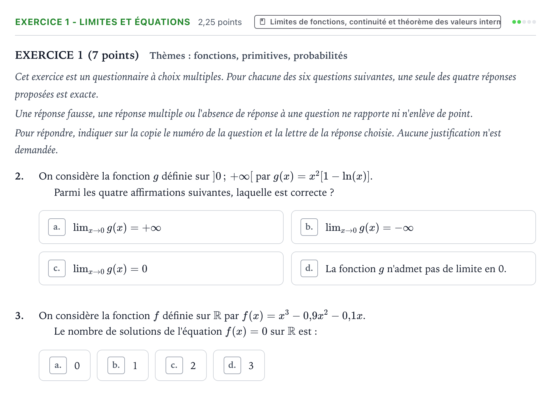 Énoncé: Exercice 1 - Limites et équations · Bac Mathématiques Polynésie 2022 (jour 2)