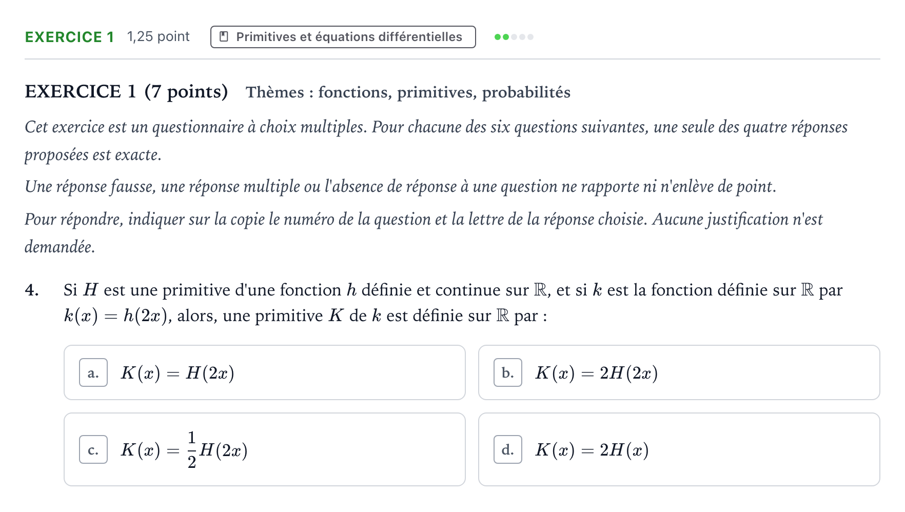 Énoncé: Exercice 1 - Primitives · Bac Mathématiques Polynésie 2022 (jour 2)