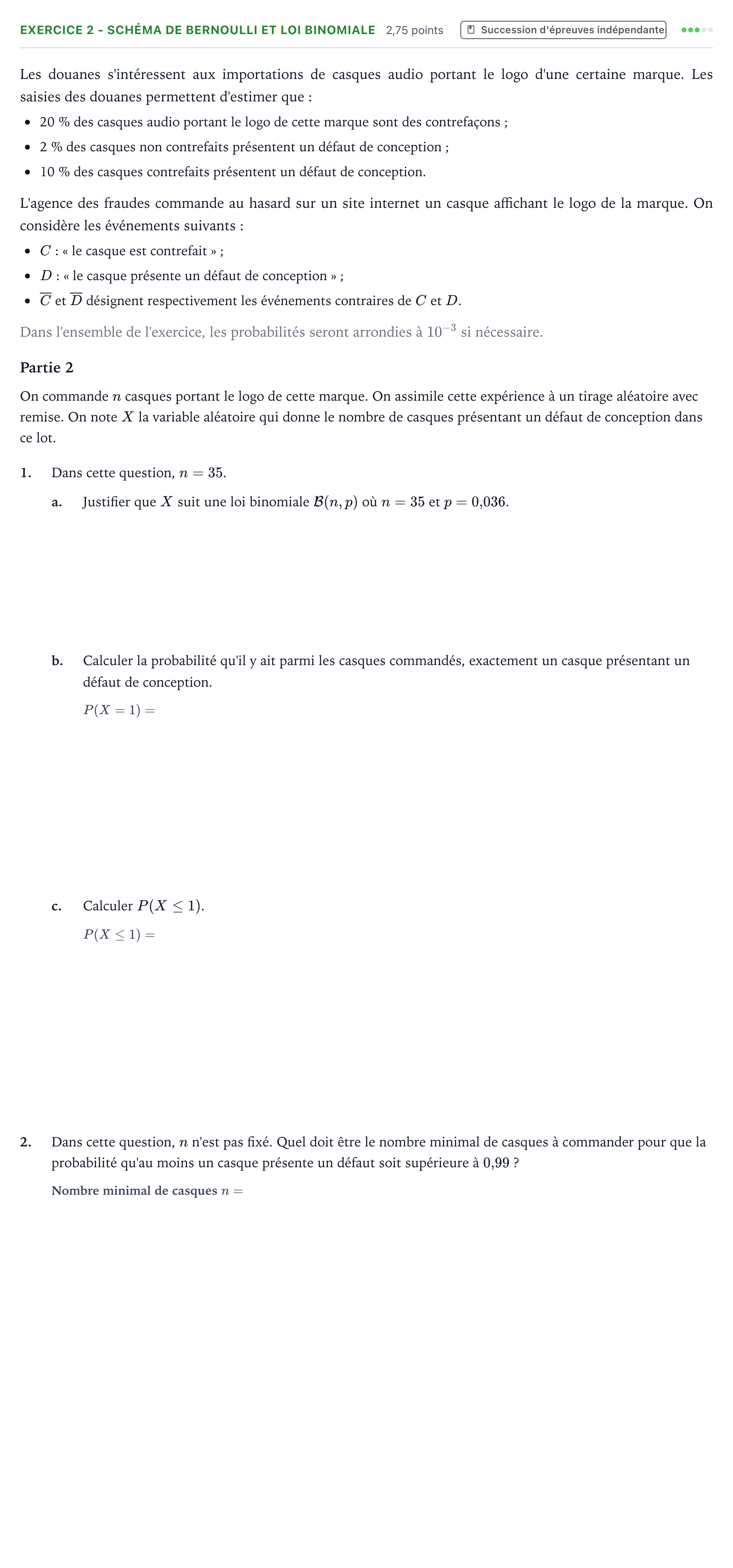 Énoncé: Exercice 2 - Schéma de Bernoulli et loi binomiale · Bac Mathématiques Polynésie 2022 (jour 2)