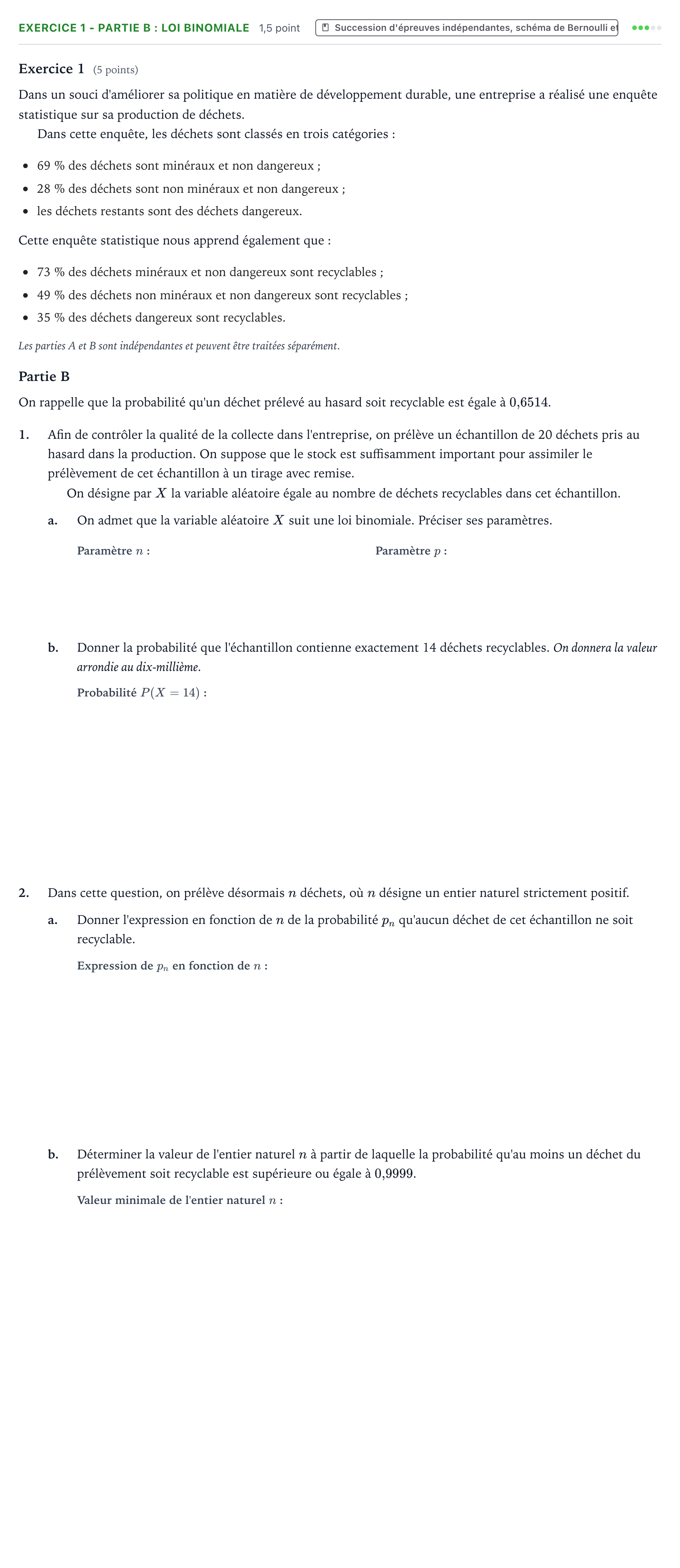 Énoncé: Exercice 1 - Partie B : Loi binomiale · Bac Mathématiques Amérique du Nord 2023 (jour 1)