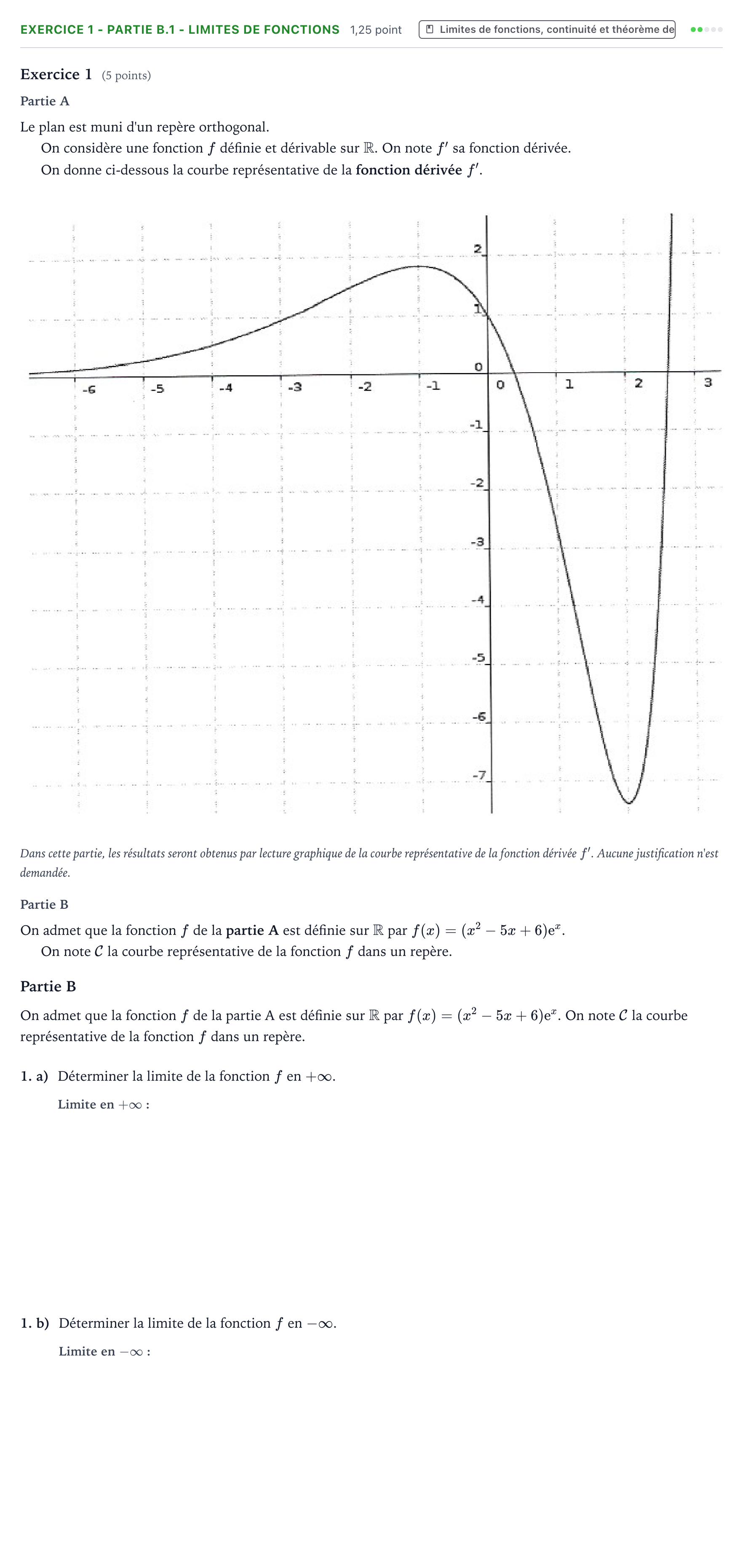 Énoncé: Exercice 1 - Partie B.1 - Limites de fonctions · Bac Mathématiques Amérique du Nord 2023 (jour 2)