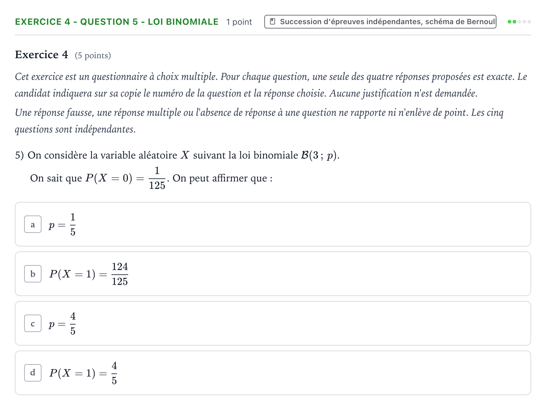 Énoncé: Exercice 4 - Question 5 - Loi binomiale · Bac Mathématiques Amérique du Nord 2023 (jour 2)