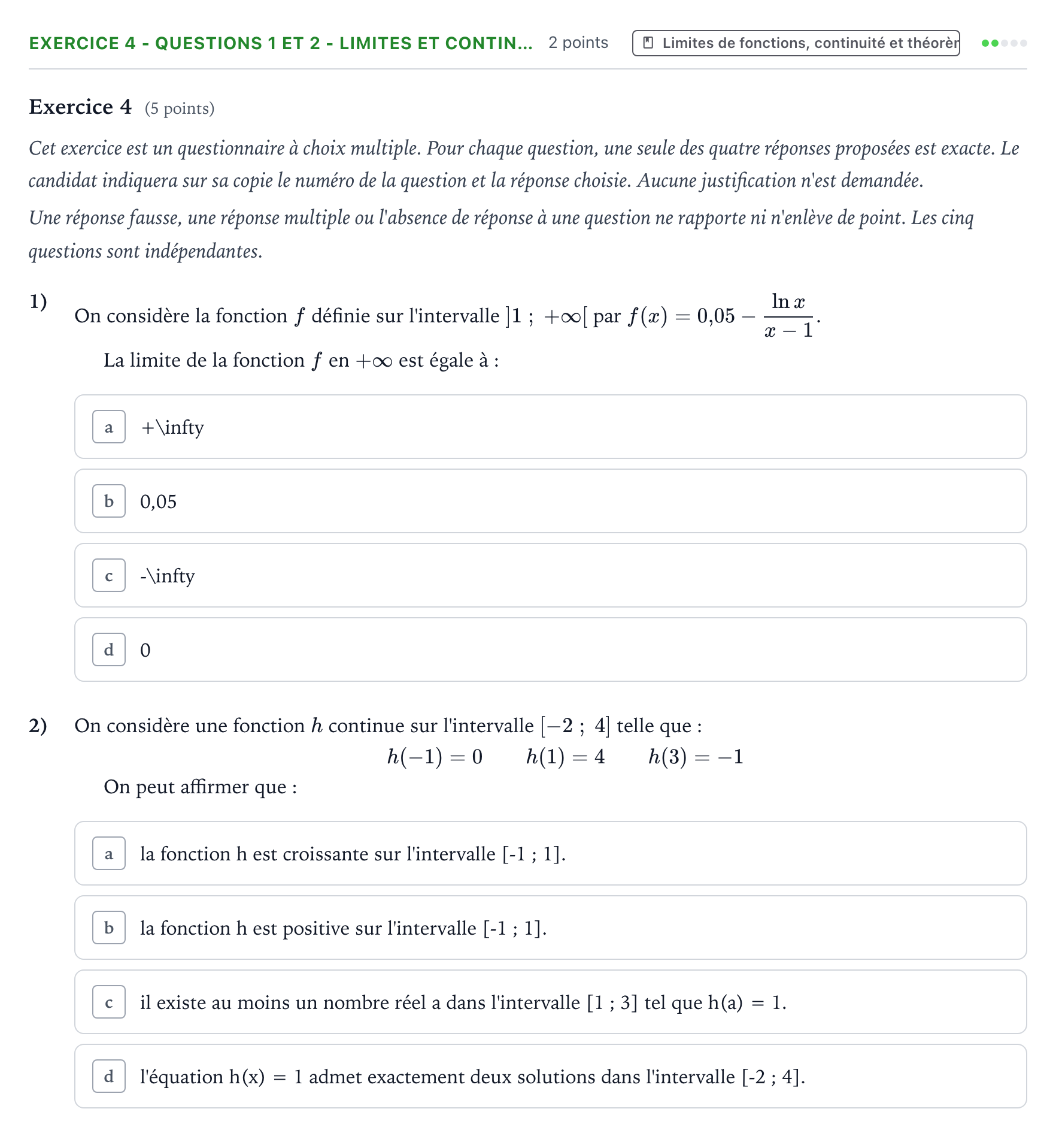 Énoncé: Exercice 4 - Questions 1 et 2 - Limites et contin… · Bac Mathématiques Amérique du Nord 2023 (jour 2)
