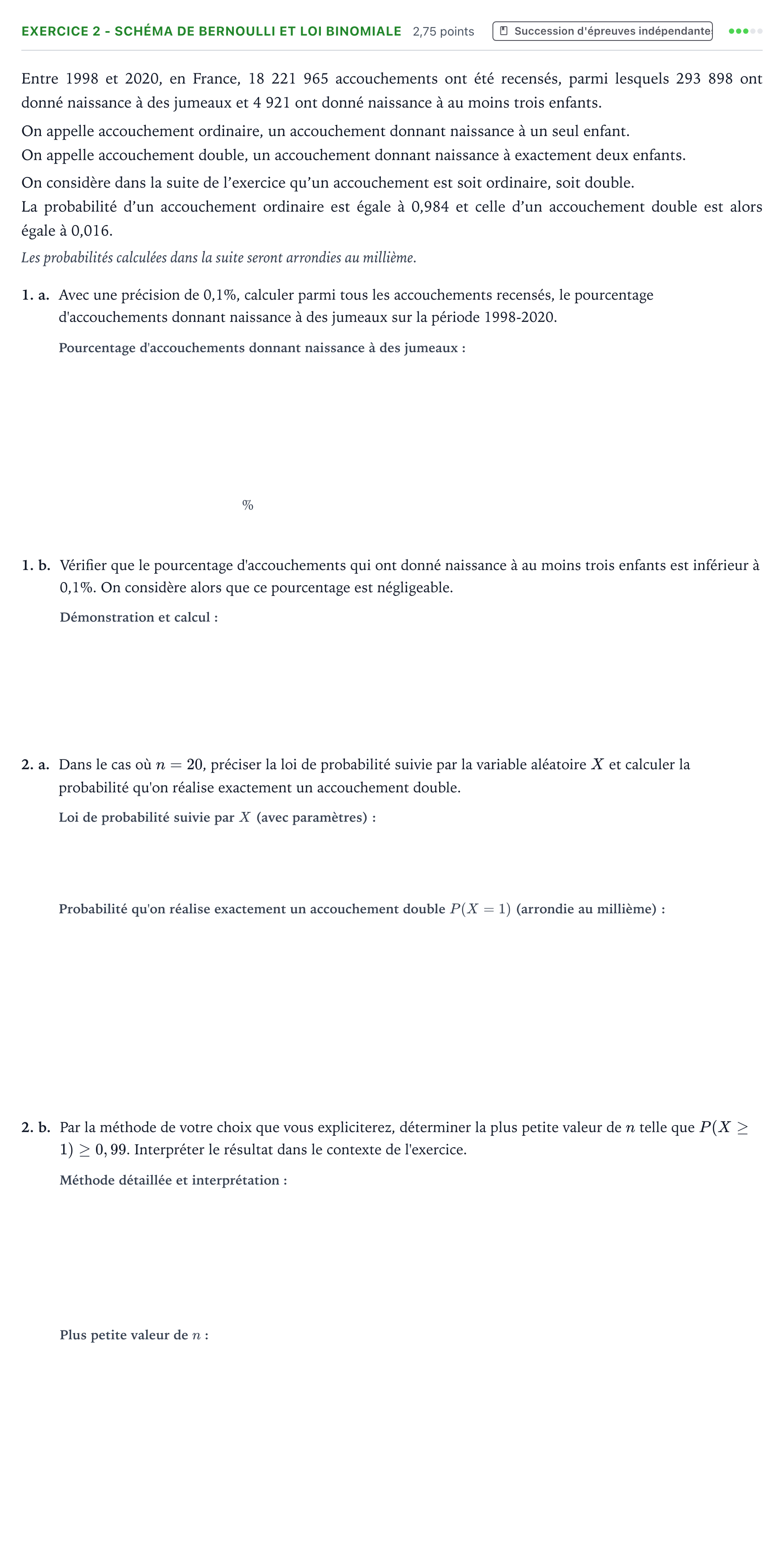 Énoncé: Exercice 2 - Schéma de Bernoulli et loi binomiale · Bac Mathématiques Amérique du Sud 2023 (jour 1)