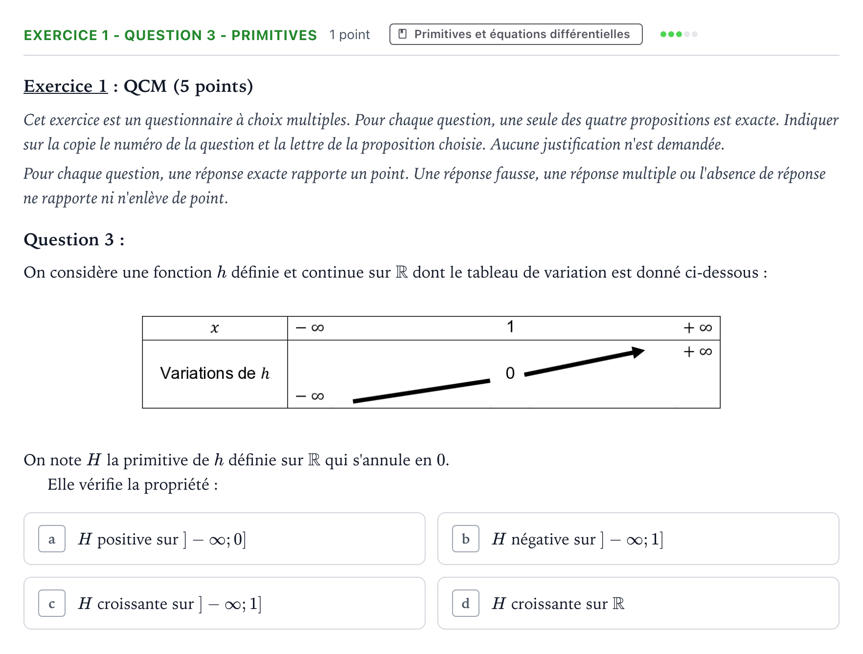 Énoncé: Exercice 1 - Question 3 - Primitives · Bac Mathématiques Centres étrangers (Afrique) 2023 (jour 1)
